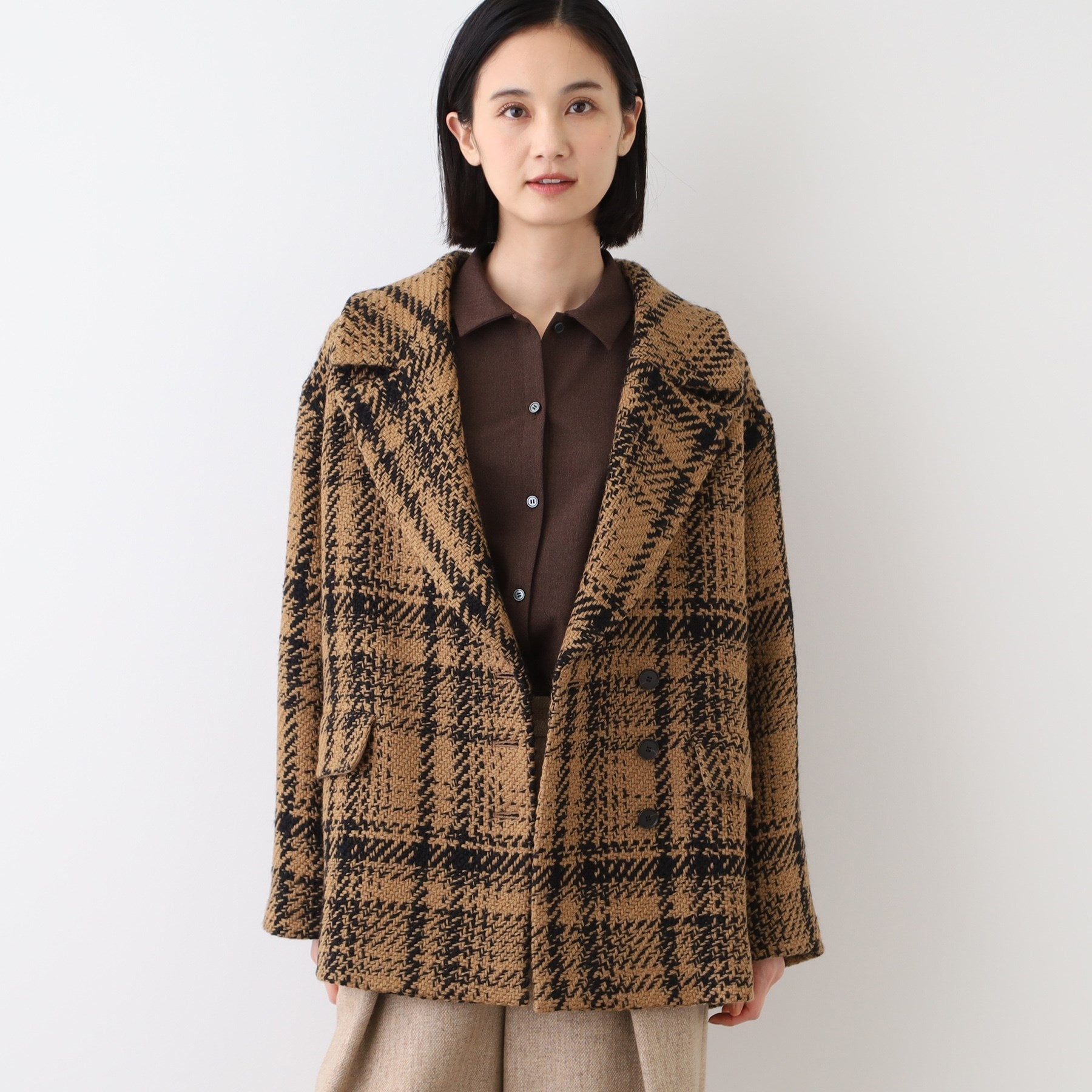 インディヴィ INDIVI 【日本製】ビッグチェック柄ショートコート （キャメルブラウン(241)） キャメルブラウン(241)