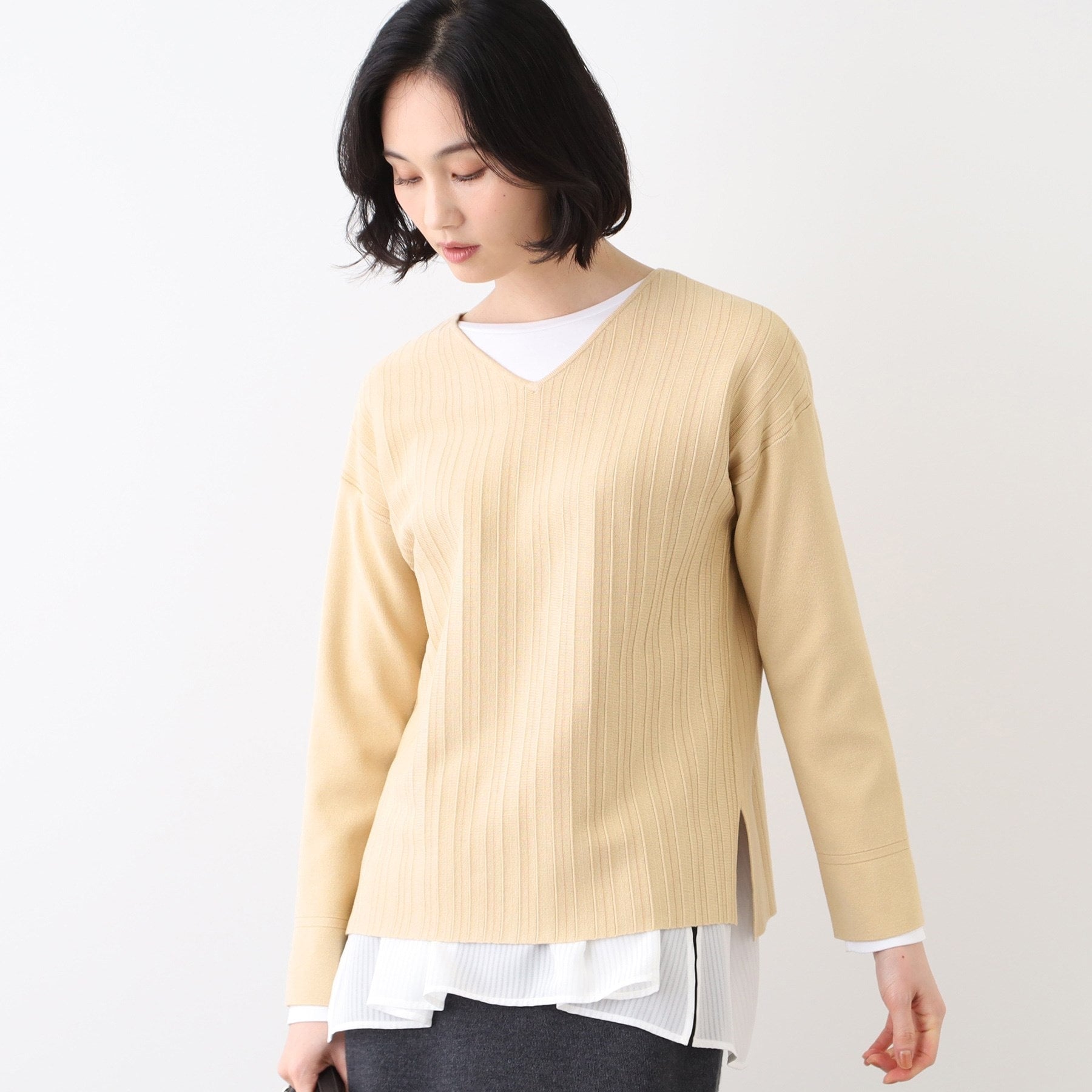 インディヴィ INDIVI 【SETUP可能／ストライプ柄】Vネックニットプルオーバー （ベージュ(352)） ベージュ(352)