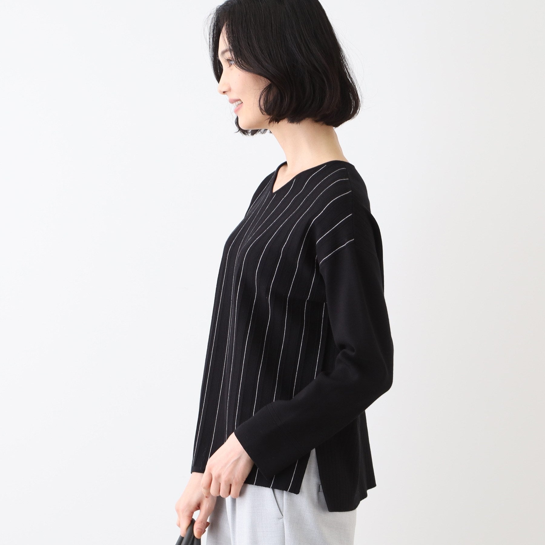 インディヴィ INDIVI 【SETUP可能／ストライプ柄】Vネックニットプルオーバー （ベージュ(352)） ベージュ(352)