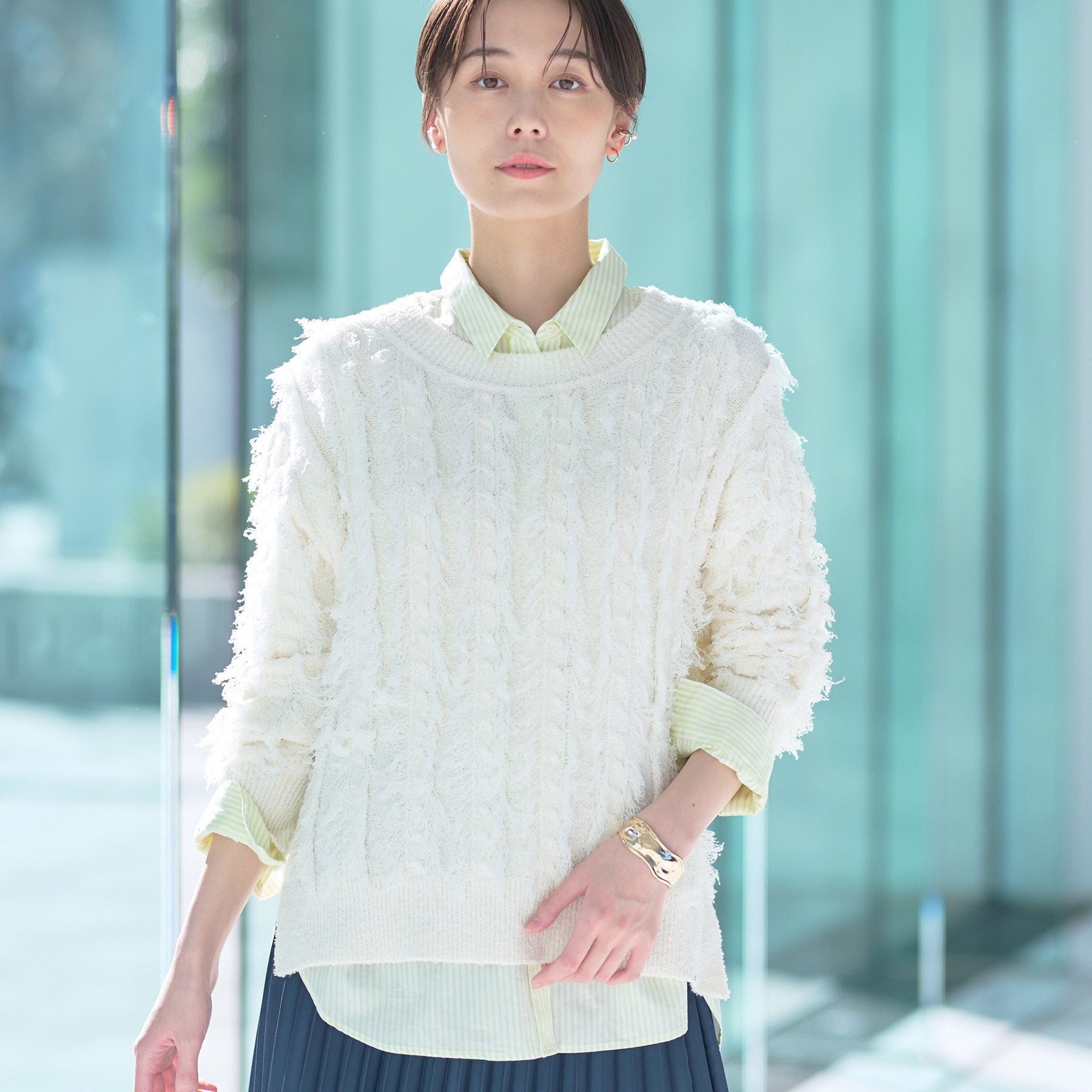 INDIVI INDIVI 【Washable】 Fringe Jacquard Knit