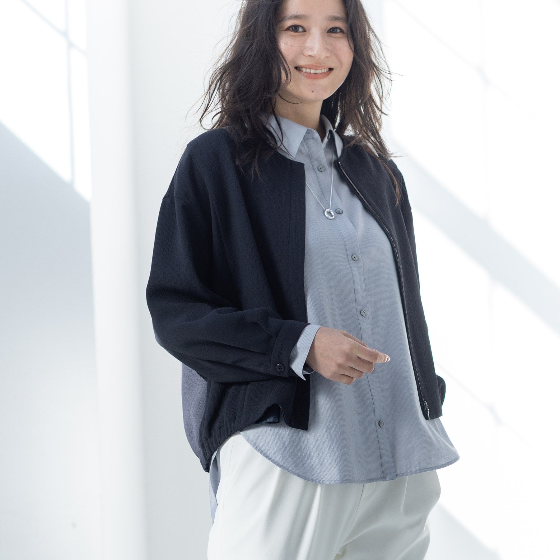 インディヴィ INDIVI 【洗える】凹凸素材シンプルブルゾン （ネイビー(094)） ネイビー(094)