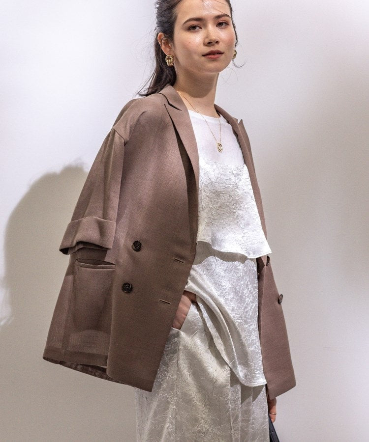 インディヴィ INDIVI 【洗える／メッシュ素材】リネンライク半袖ダブルジャケット （キャメルブラウン(041)） キャメルブラウン(041)