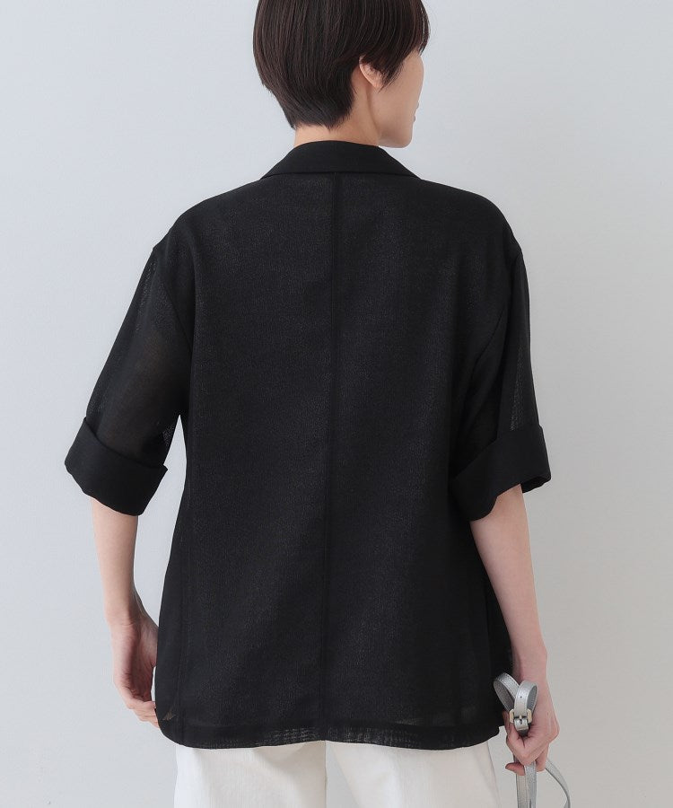 インディヴィ INDIVI 【洗える／メッシュ素材】リネンライク半袖ダブルジャケット （キャメルブラウン(041)） キャメルブラウン(041)