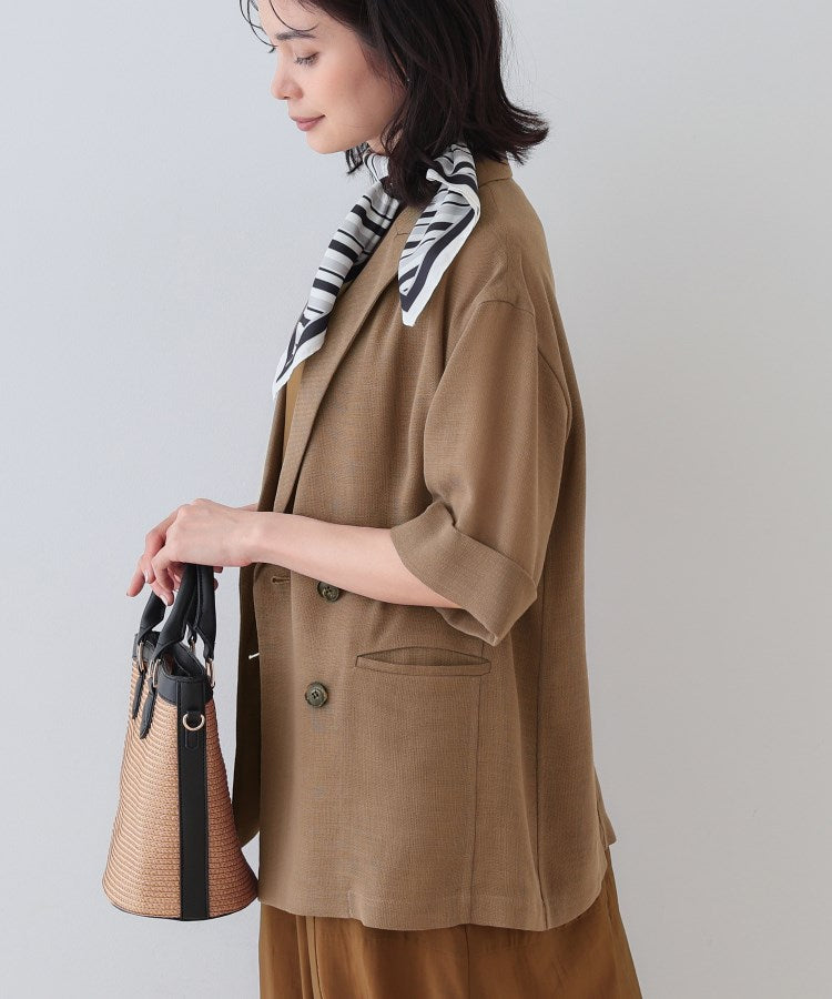 インディヴィ INDIVI 【洗える／メッシュ素材】リネンライク半袖ダブルジャケット （キャメルブラウン(041)） キャメルブラウン(041)