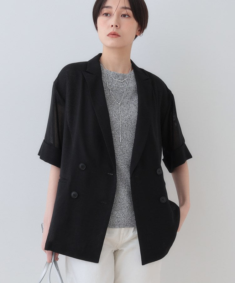 インディヴィ INDIVI 【洗える／メッシュ素材】リネンライク半袖ダブルジャケット （ブラック(019)） ブラック(019)