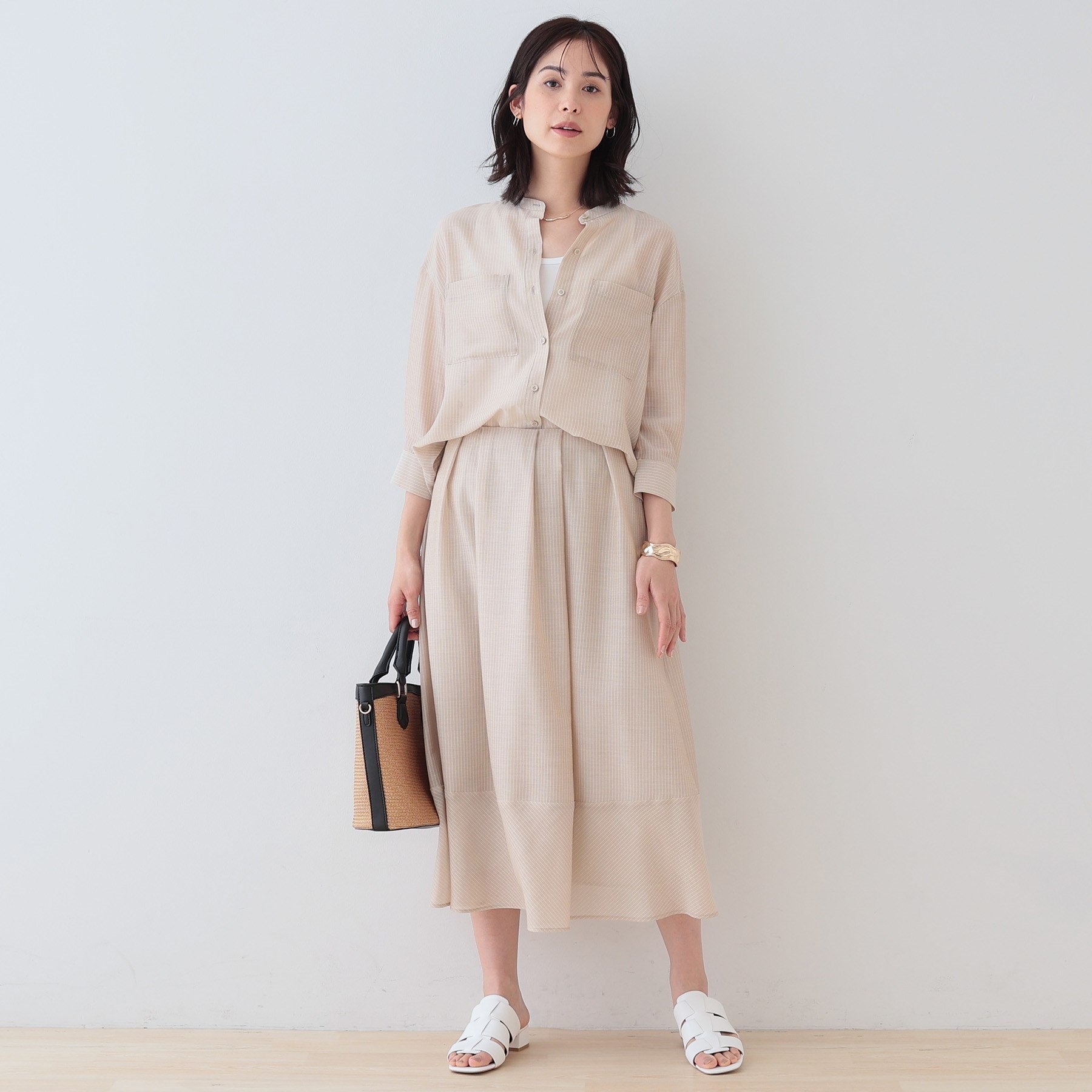 インディヴィ INDIVI 【洗える／エアリー素材】巻き風ロングスカート （ブルー系ストライプ(394)） ブルー系ストライプ(394)