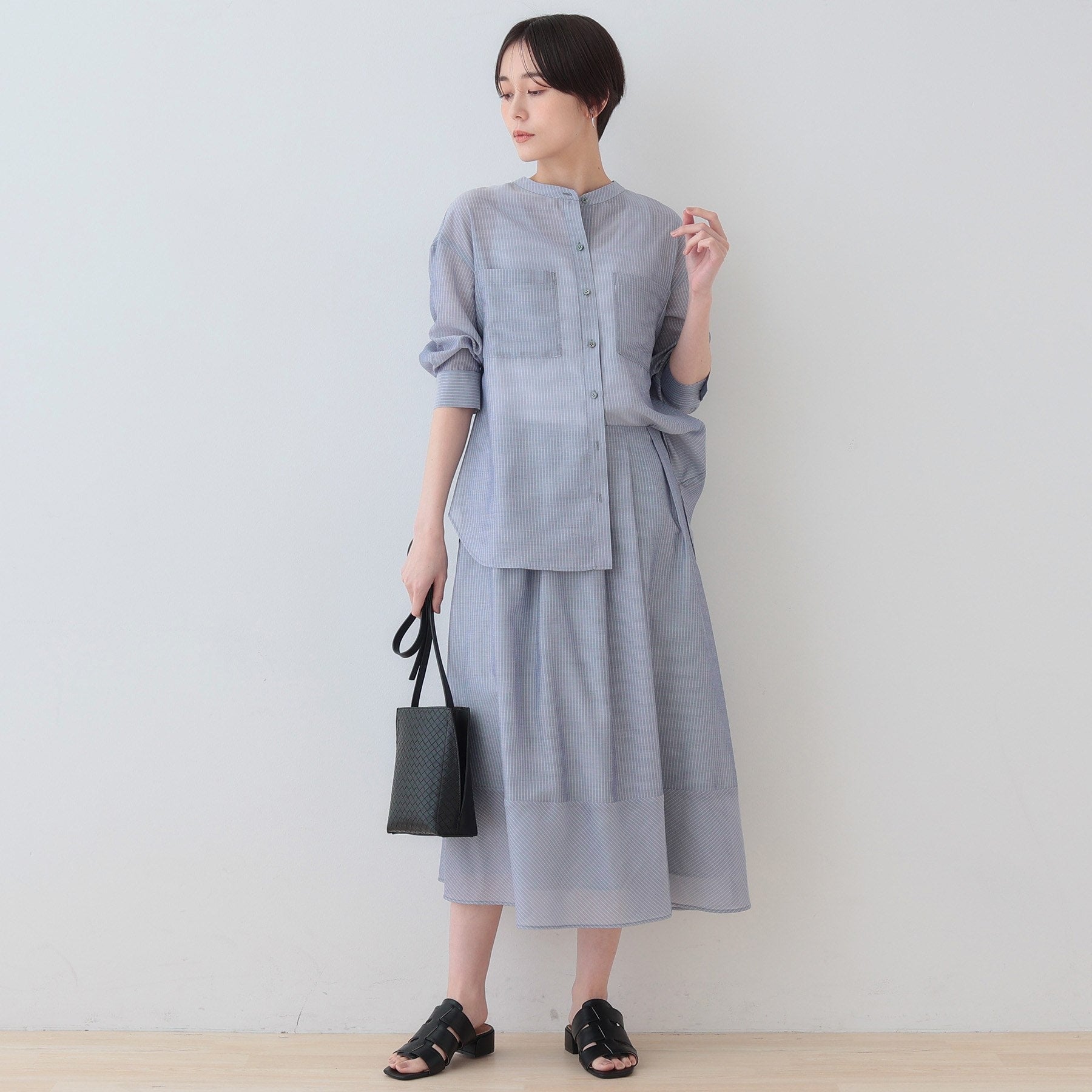 インディヴィ INDIVI 【洗える／エアリー素材】巻き風ロングスカート （ブルー系ストライプ(394)） ブルー系ストライプ(394)