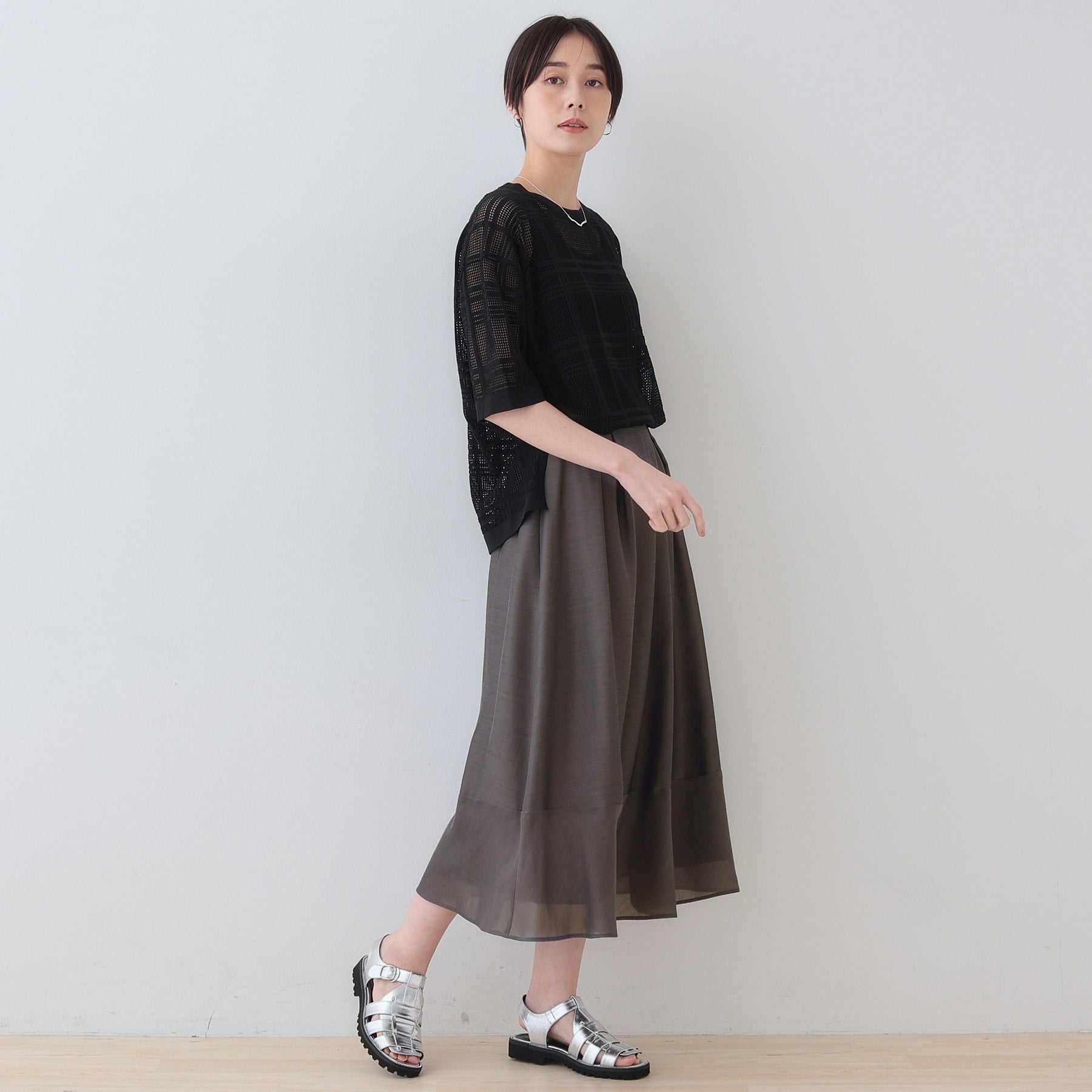 インディヴィ INDIVI 【洗える／エアリー素材】巻き風ロングスカート （ブルー系ストライプ(394)） ブルー系ストライプ(394)