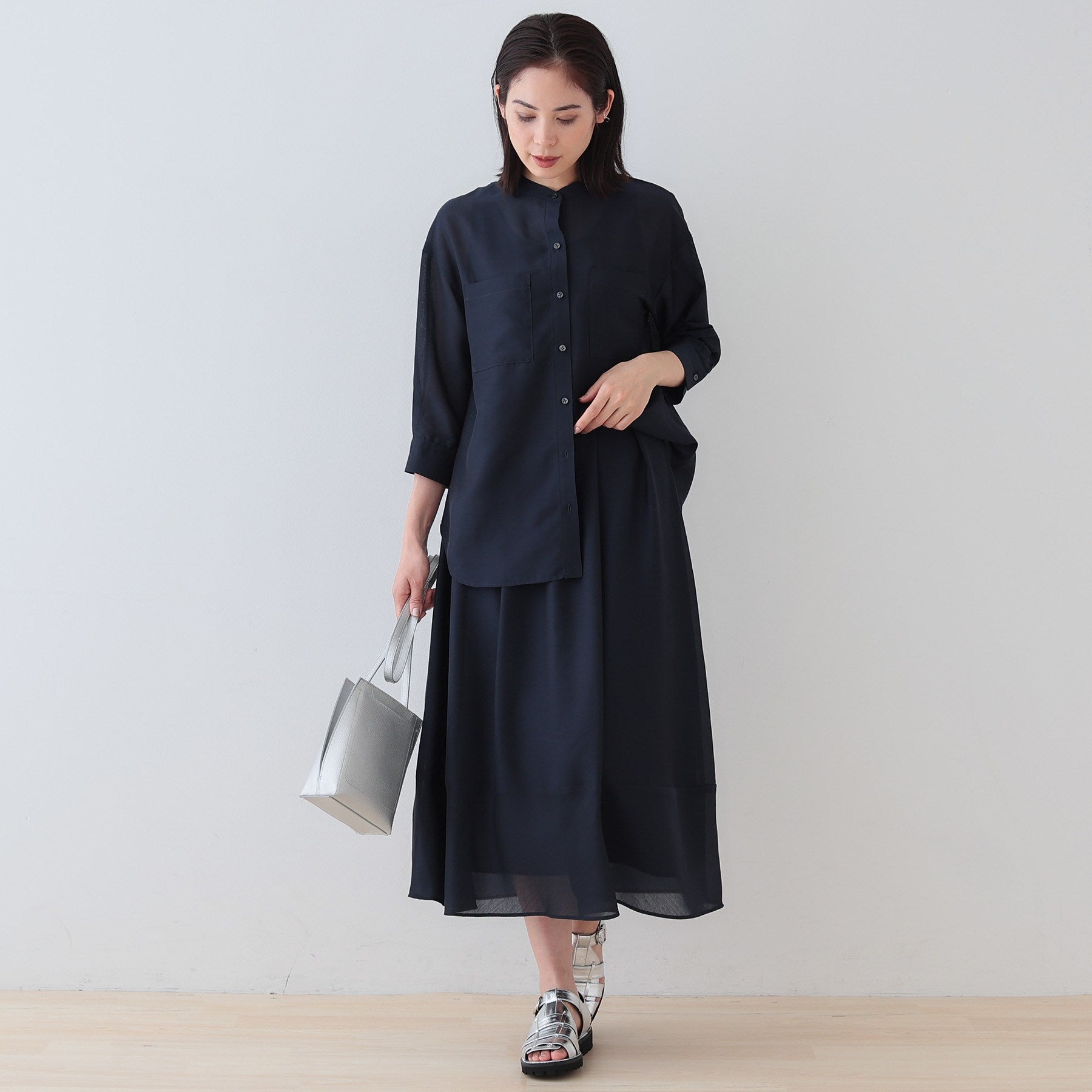 インディヴィ INDIVI 【洗える／エアリー素材】巻き風ロングスカート （ブルー系ストライプ(394)） ブルー系ストライプ(394)