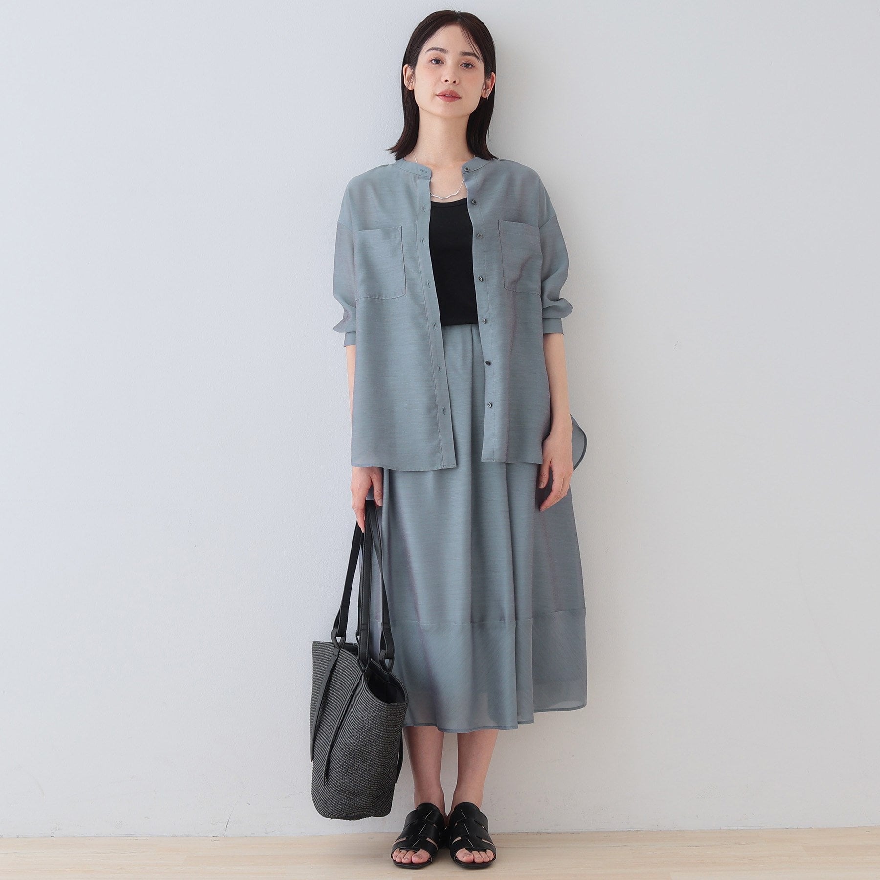 インディヴィ INDIVI 【洗える／エアリー素材】巻き風ロングスカート （ブルー系ストライプ(394)） ブルー系ストライプ(394)