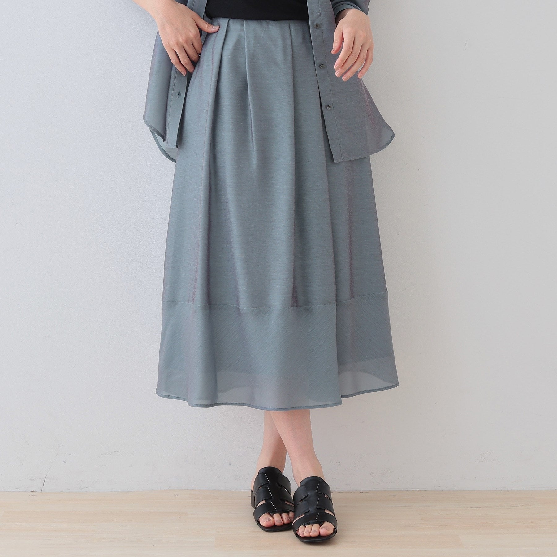インディヴィ INDIVI 【洗える／エアリー素材】巻き風ロングスカート （ブルーグリーン(497)） ブルーグリーン(497)