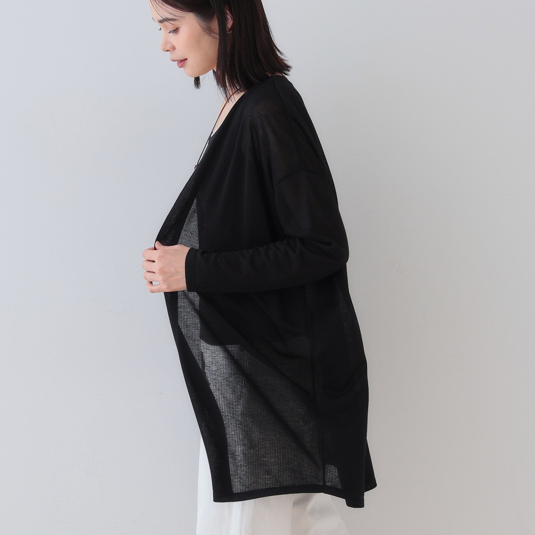 インディヴィ INDIVI 【洗える／シアーストライプ】ロング丈着流しカーディガン （ライトグレー(411)） ライトグレー(411)