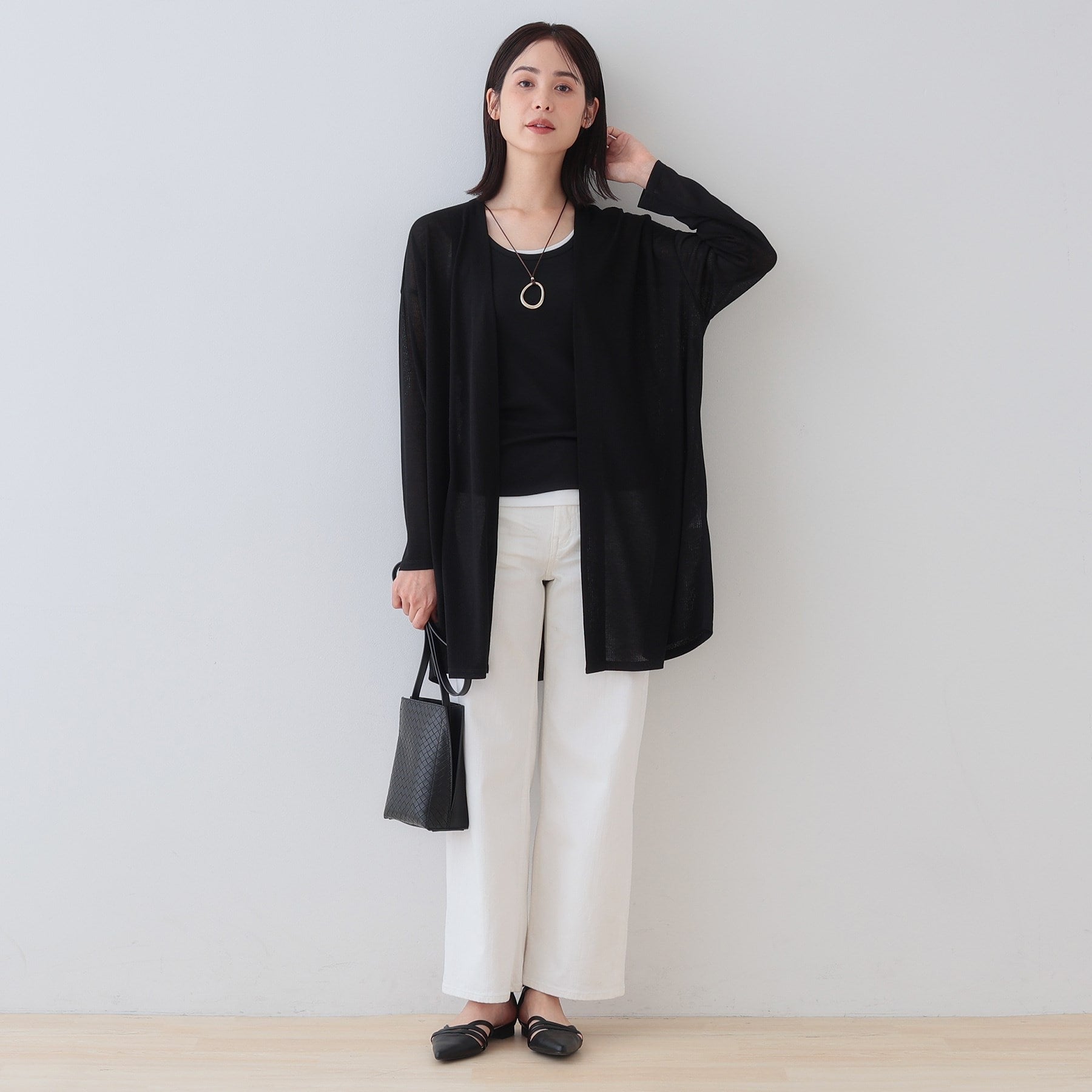 インディヴィ INDIVI 【洗える／シアーストライプ】ロング丈着流しカーディガン （ライトグレー(411)） ライトグレー(411)