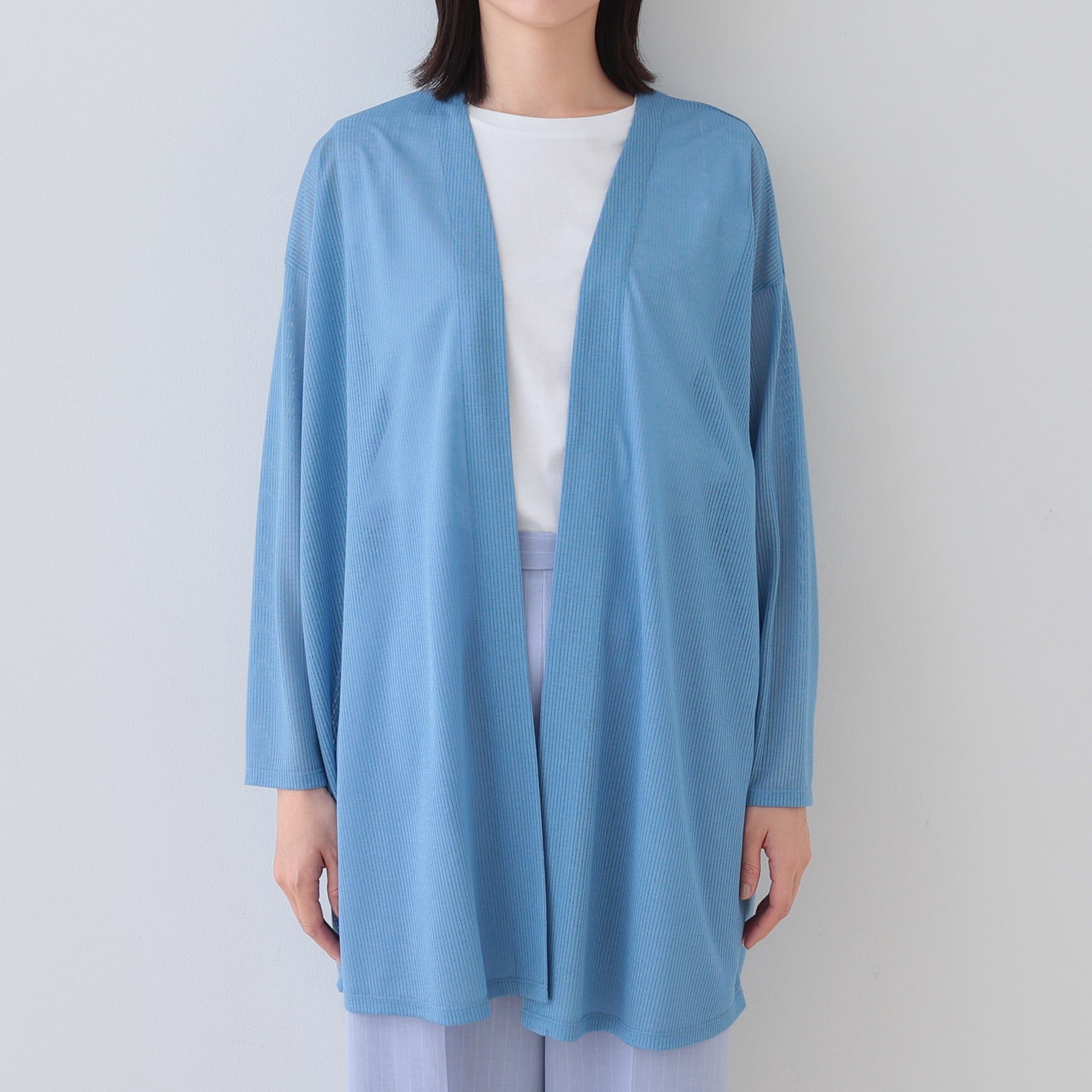 インディヴィ INDIVI 【洗える／シアーストライプ】ロング丈着流しカーディガン （ライトグレー(411)） ライトグレー(411)