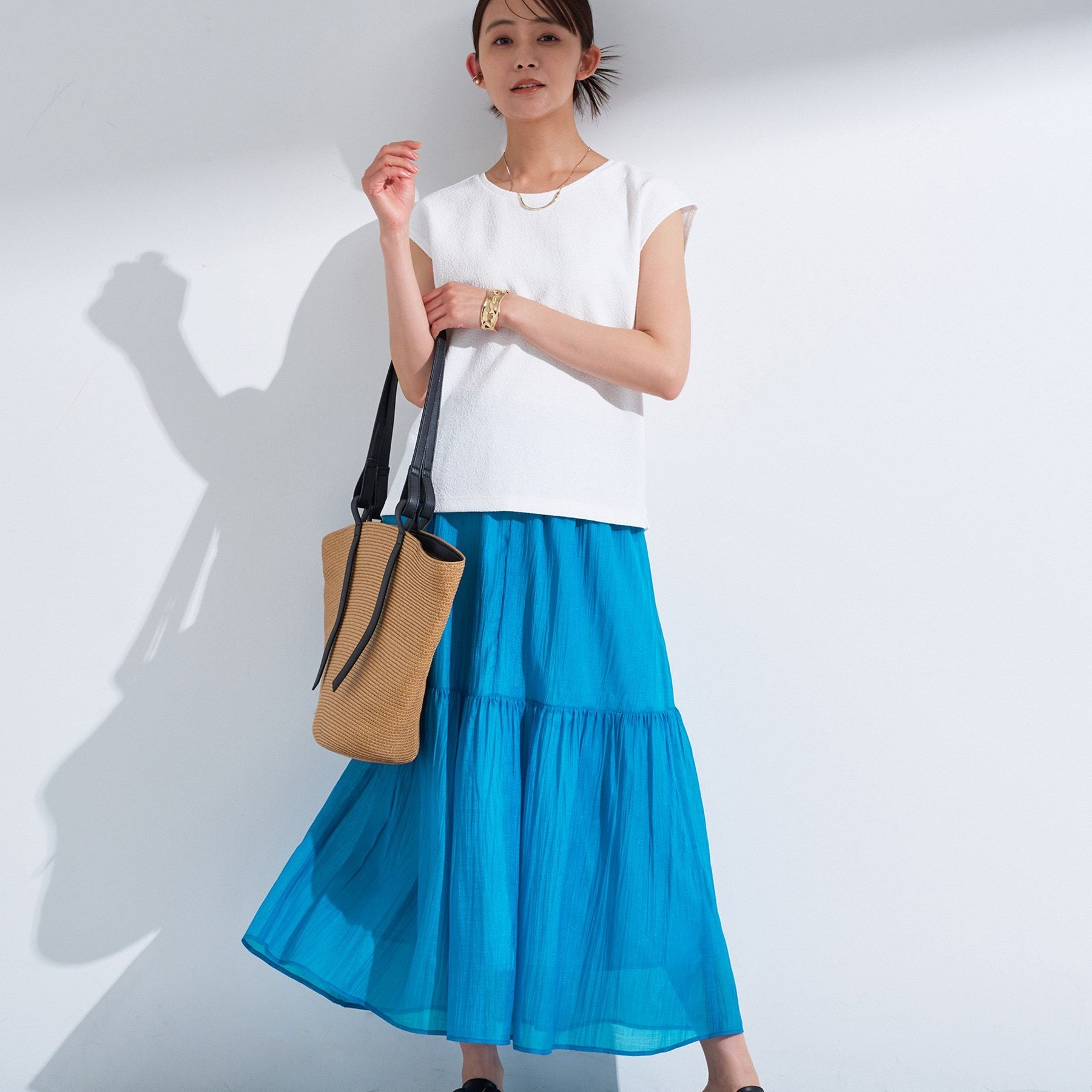 インディヴィ INDIVI 【2点セット／着回し◎】ノースリーブ＆ティアードスカート カセット服 （ブルーグリーン(597)） ブルーグリーン(597)