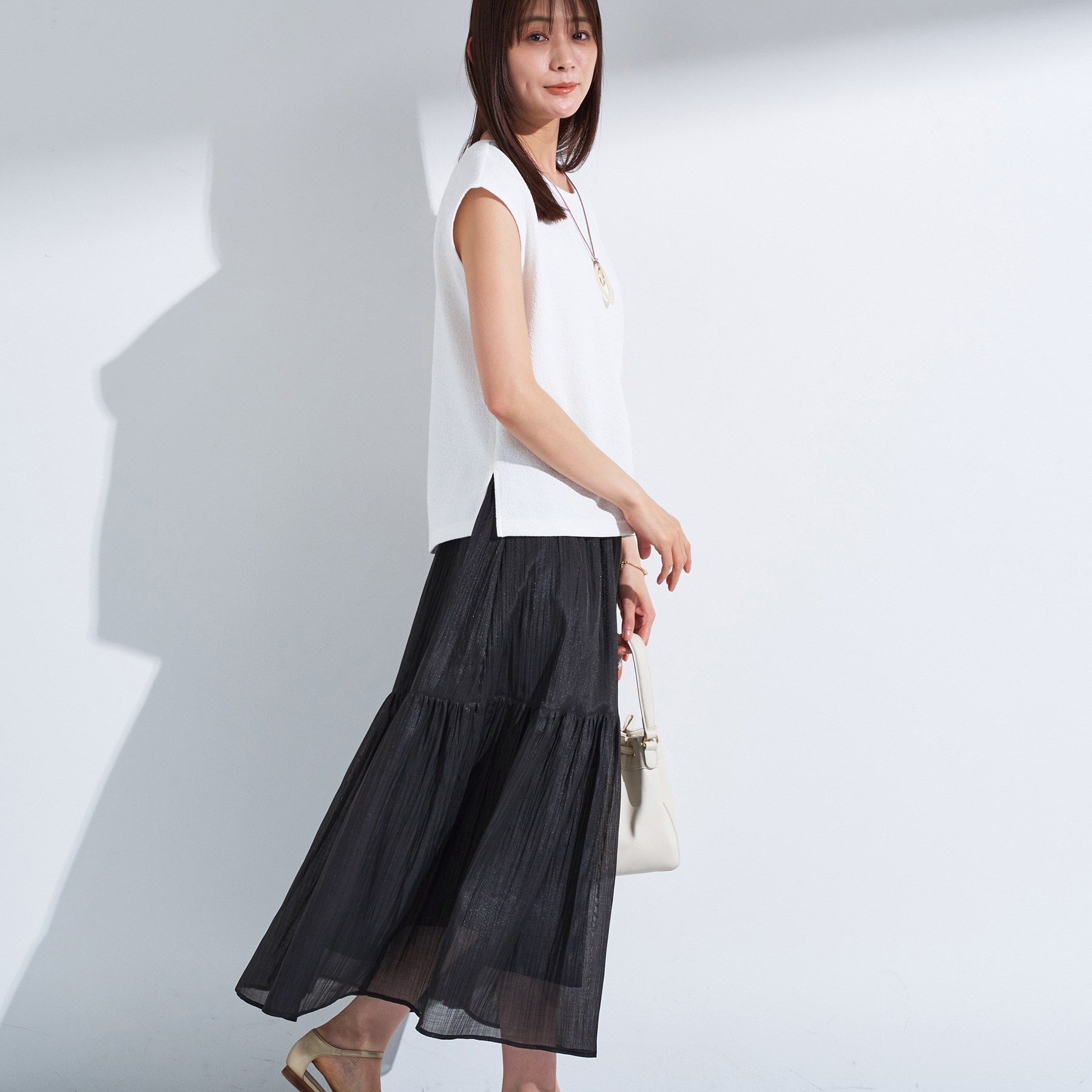 インディヴィ INDIVI 【2点セット／着回し◎】ノースリーブ＆ティアードスカート カセット服 （ブルーグリーン(597)） ブルーグリーン(597)