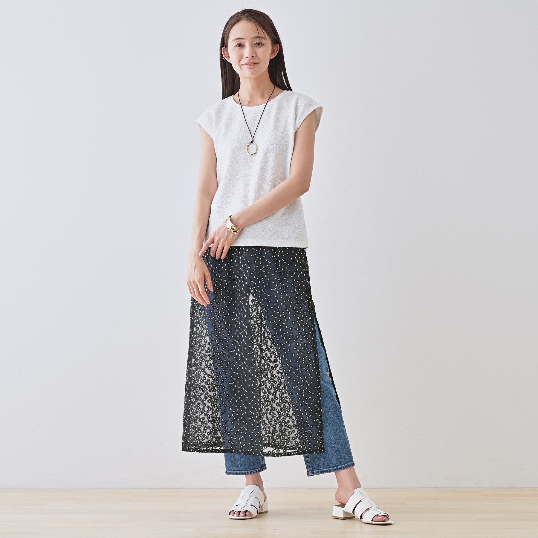 インディヴィ INDIVI 【2点セット／着回し◎】ノースリーブ＆ティアードスカート カセット服 （ブルーグリーン(597)） ブルーグリーン(597)