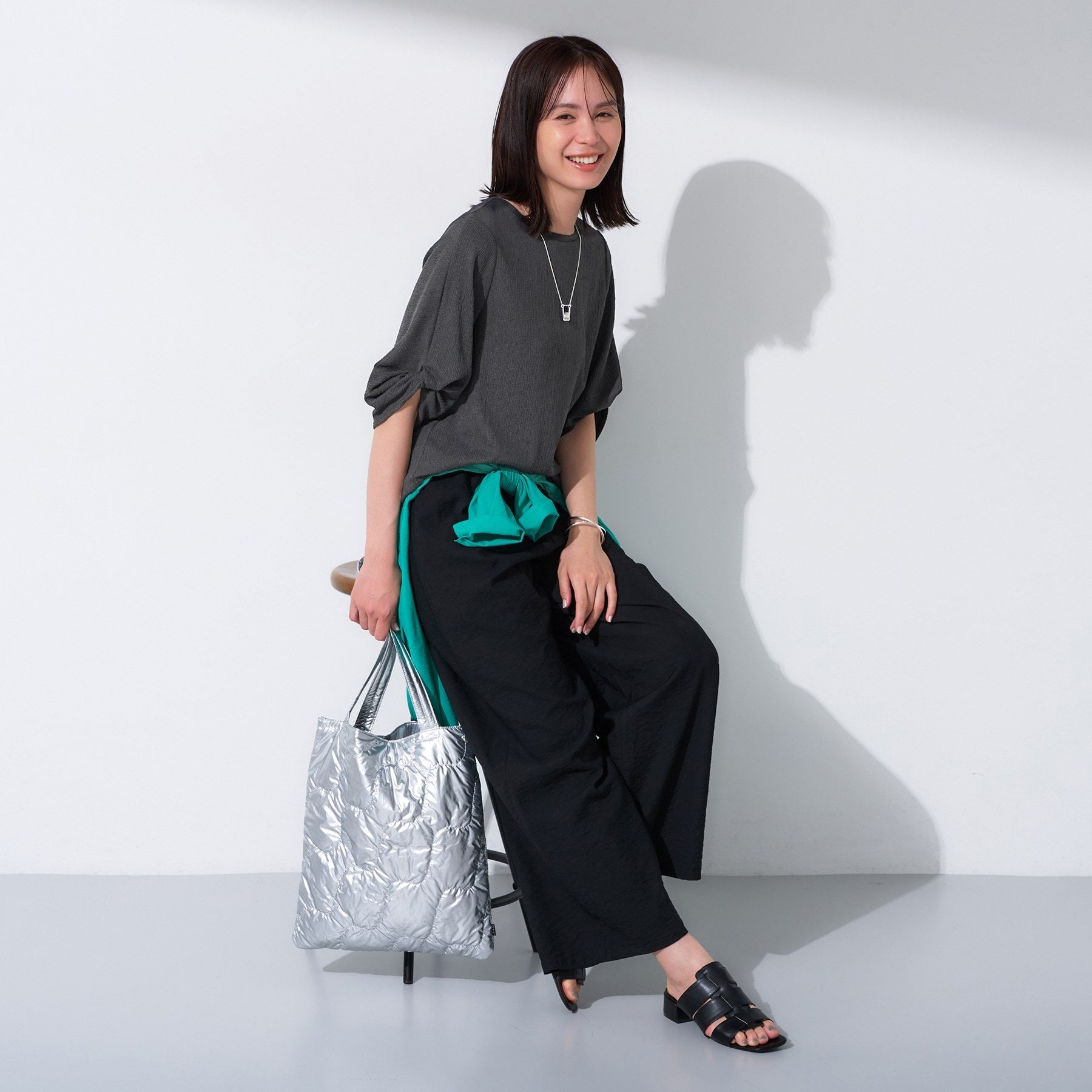 インディヴィ INDIVI 【UV／吸水速乾】凹凸素材ねじり袖トップス （チャコールグレー(014)） チャコールグレー(014)