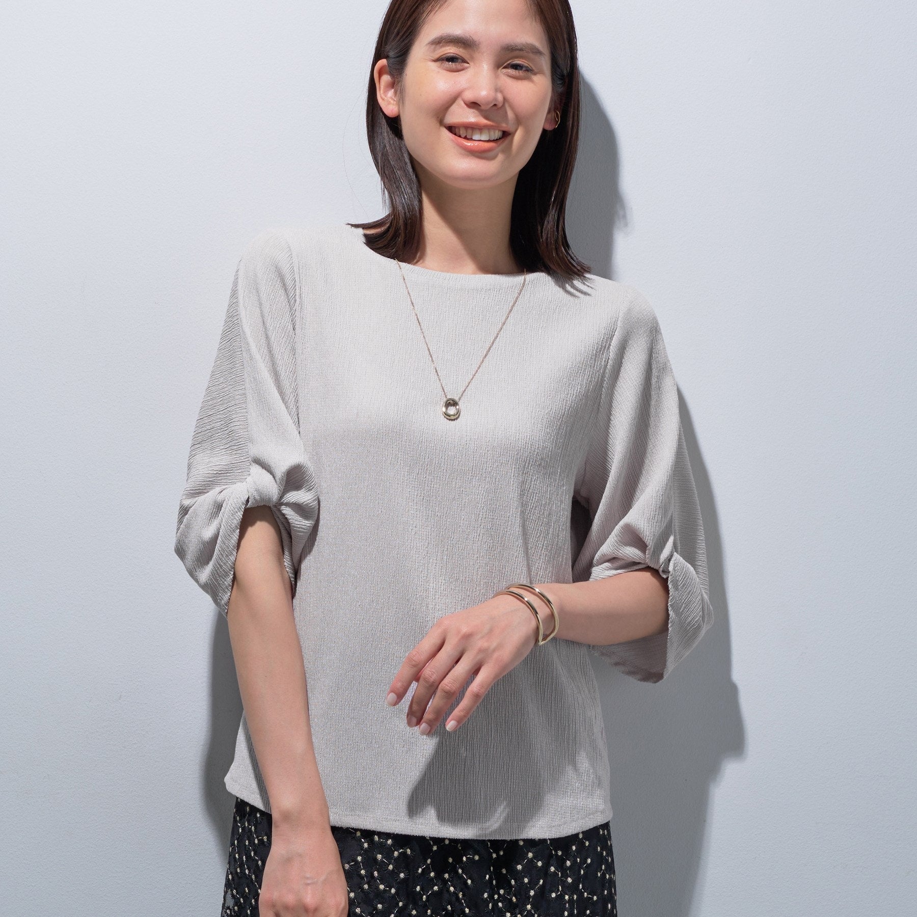 インディヴィ INDIVI 【UV／吸水速乾】凹凸素材ねじり袖トップス （チャコールグレー(014)） チャコールグレー(014)