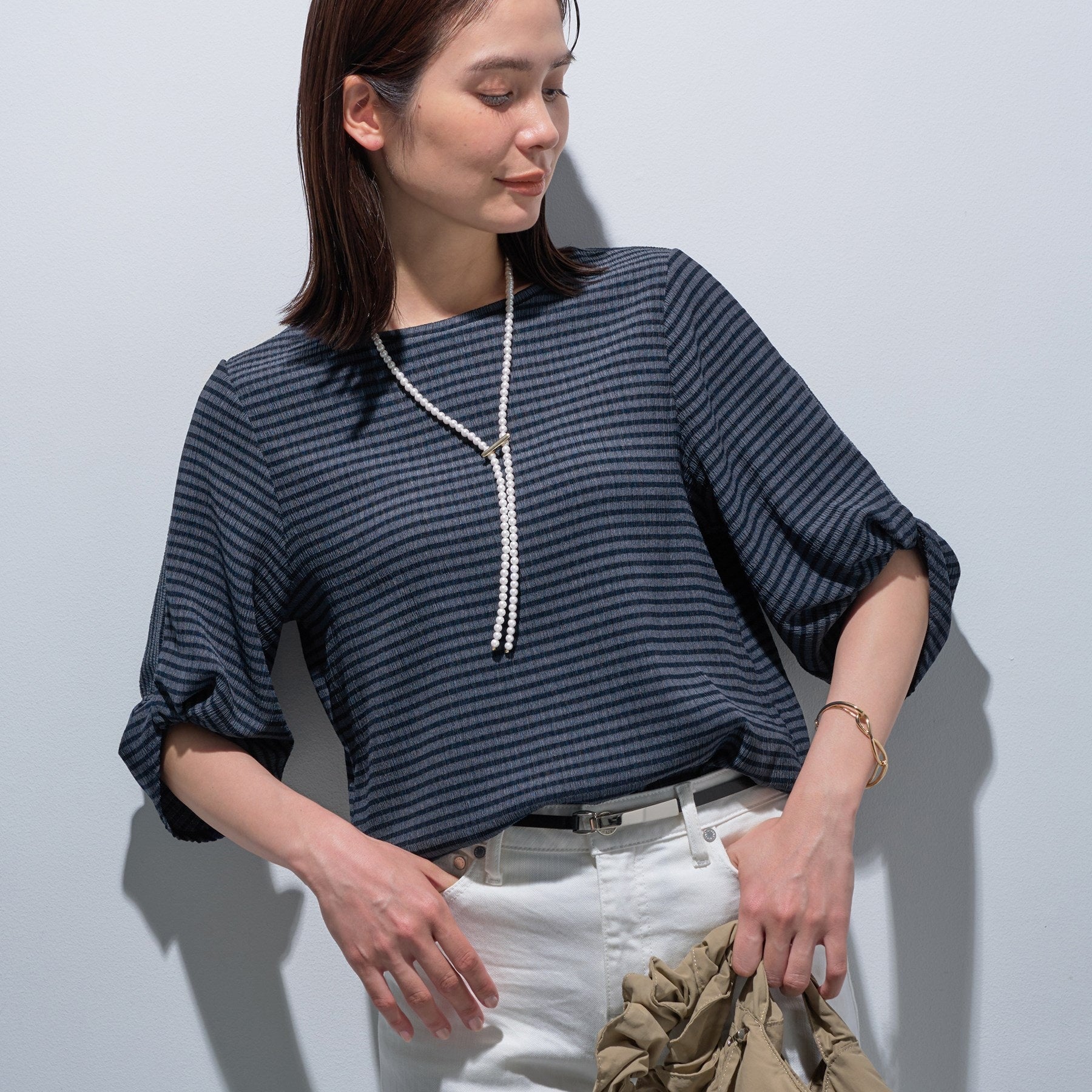 インディヴィ INDIVI 【UV／吸水速乾】凹凸素材ねじり袖トップス （チャコールグレー(014)） チャコールグレー(014)