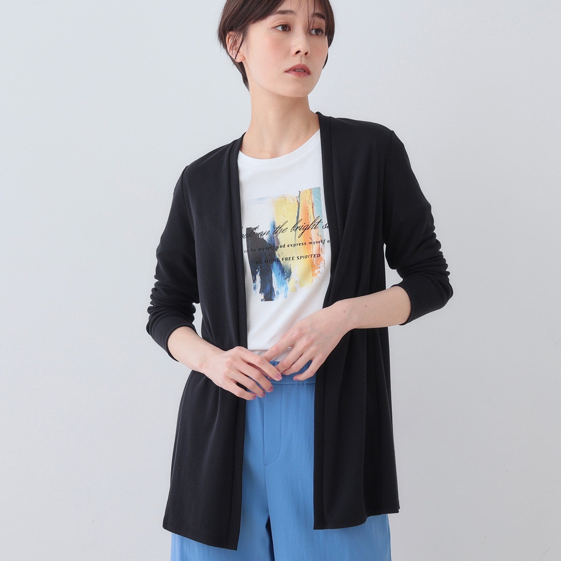 インディヴィ INDIVI 【洗える】着流しジャージカーディガン （ブラック(019)） ブラック(019)