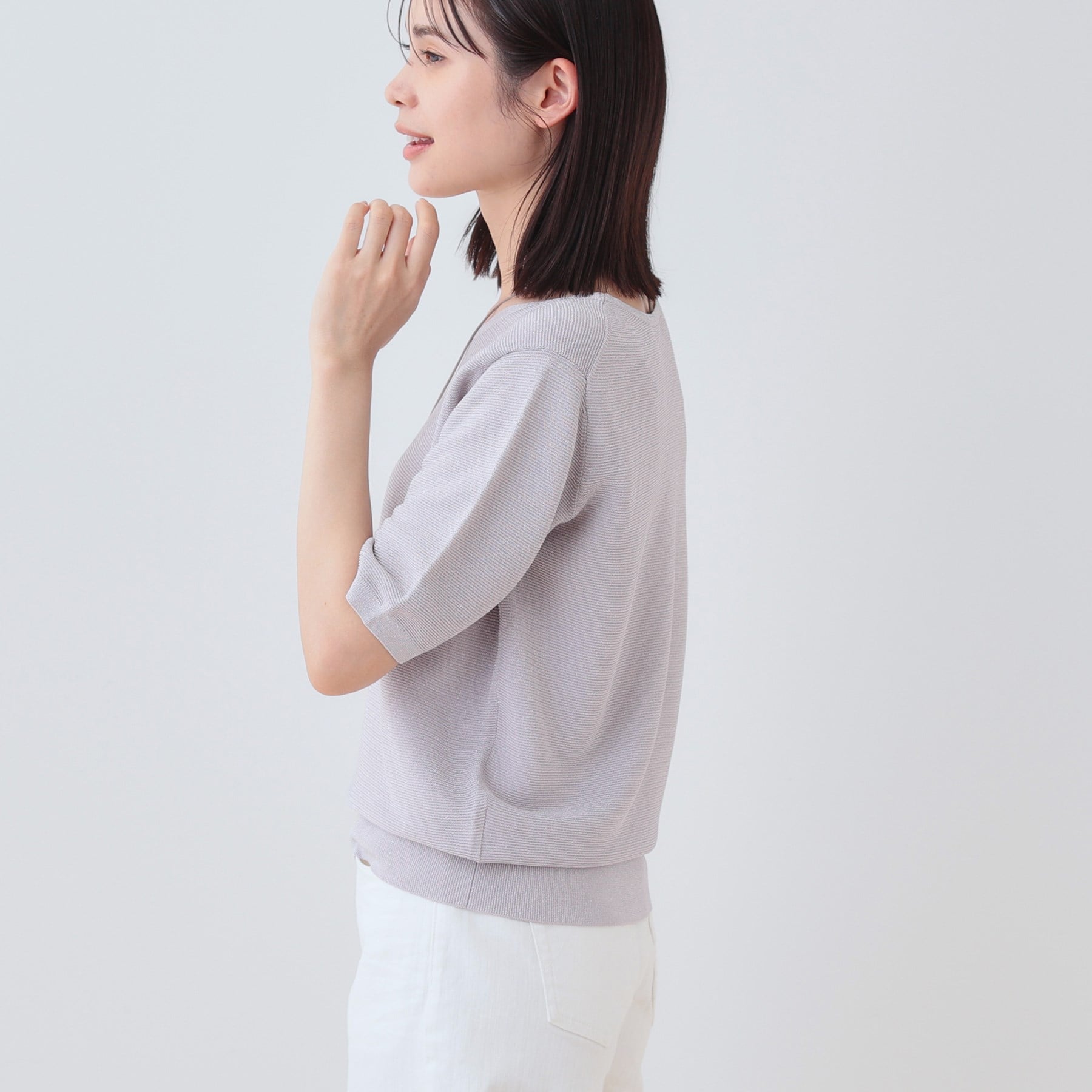 インディヴィ INDIVI 【洗える／ラメ】半袖Vネックニット （オフホワイト(003)） オフホワイト(003)