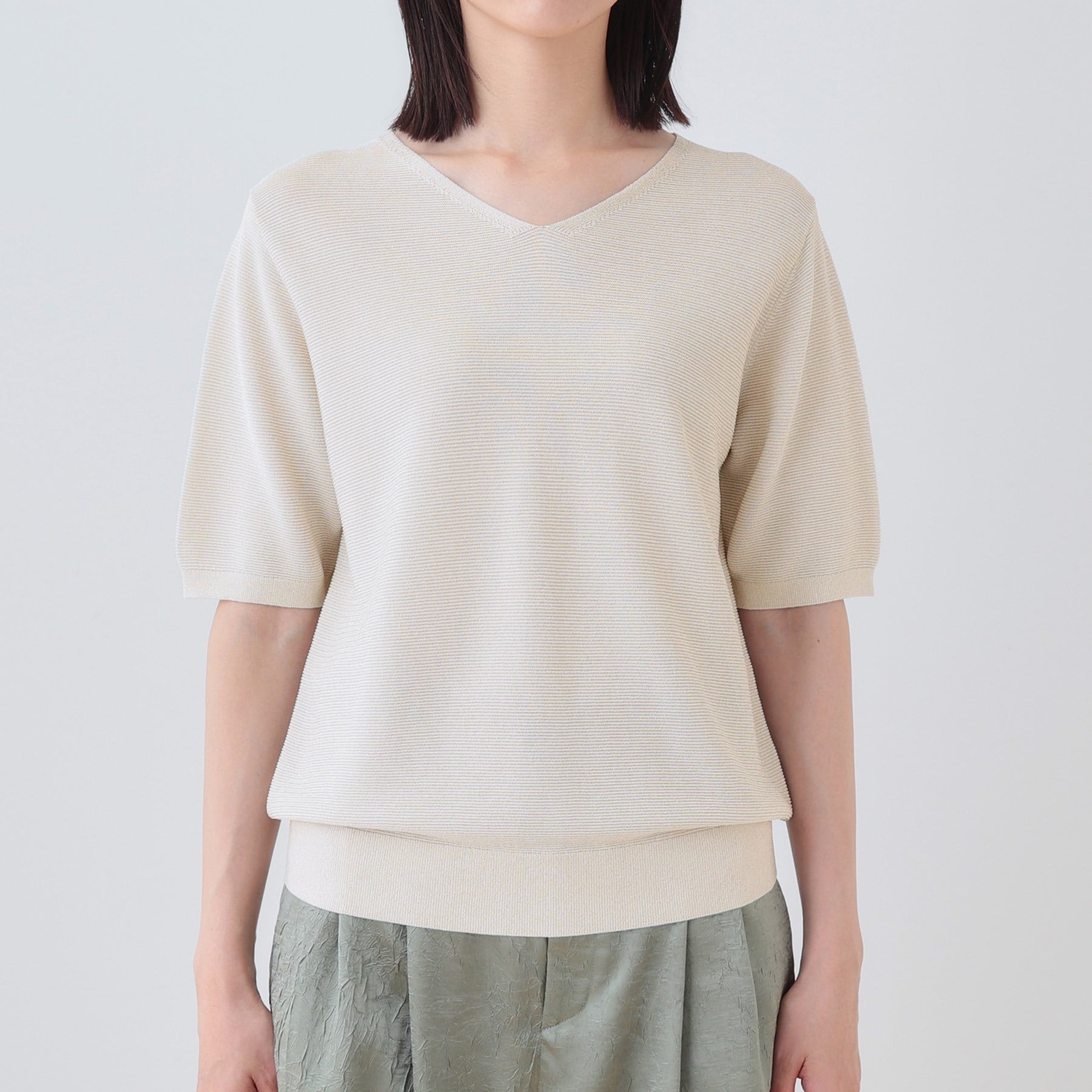 インディヴィ INDIVI 【洗える／ラメ】半袖Vネックニット （オフホワイト(003)） オフホワイト(003)