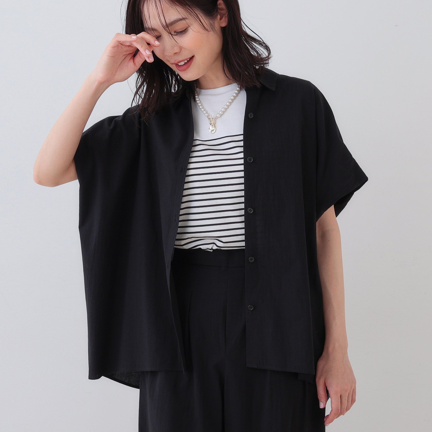 インディヴィ INDIVI 【SETUP可能／涼しい】コットンオーバーシャツ （ブラック(019)） ブラック(019)