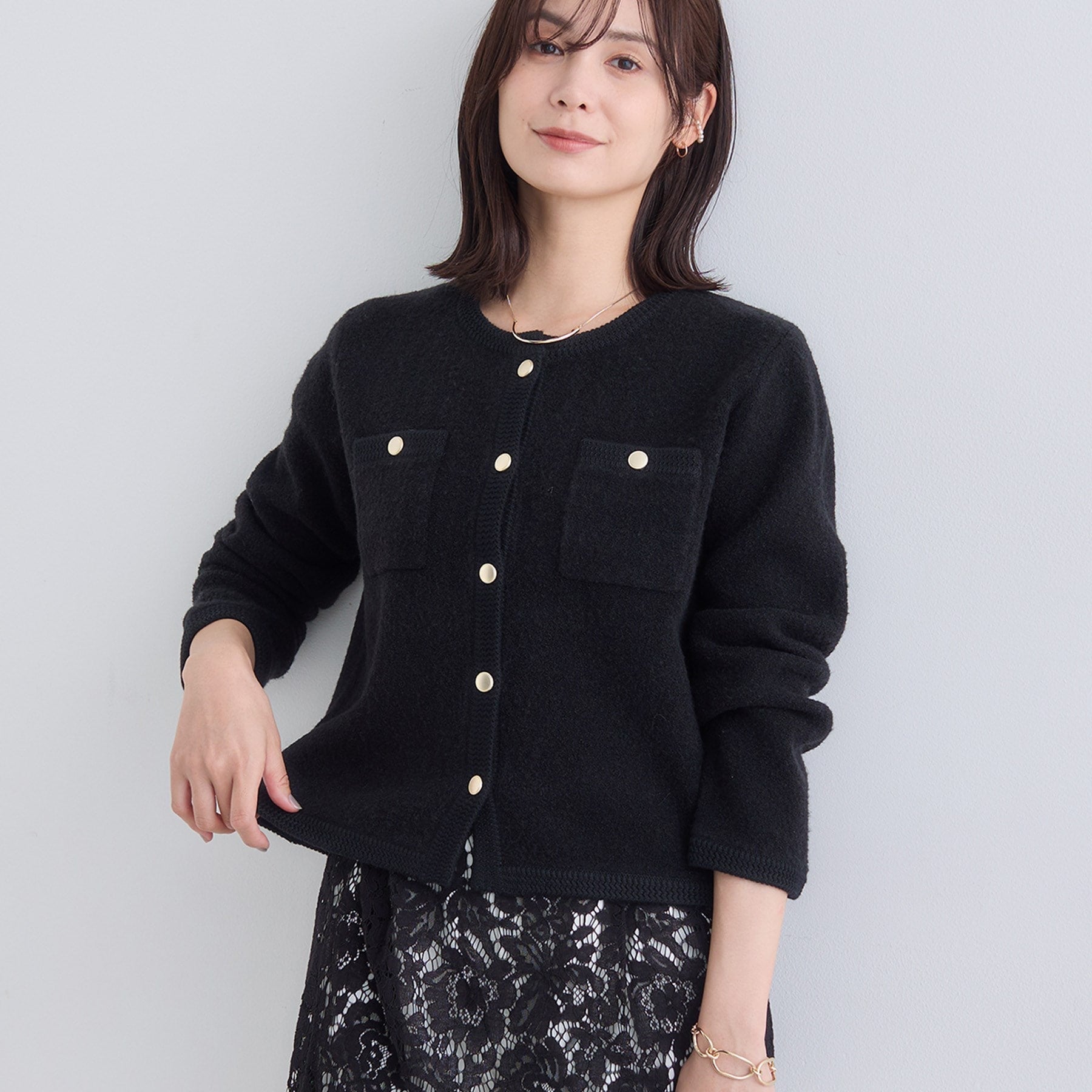 インディヴィ INDIVI 【ミニブークレ素材】ニットジャケット （ライトグレー(511)） ライトグレー(511)