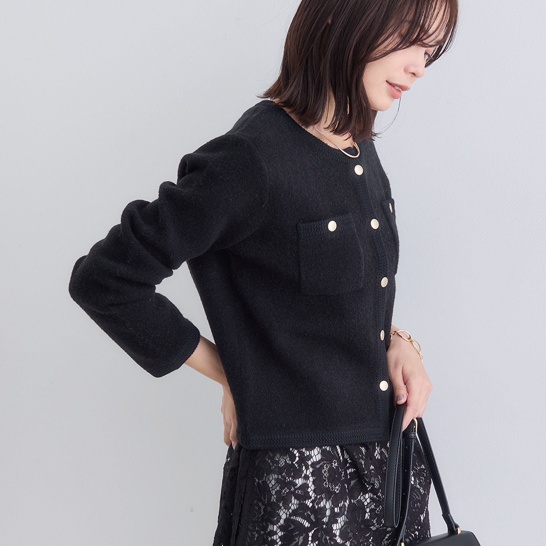 インディヴィ INDIVI 【ミニブークレ素材】ニットジャケット （ライトグレー(511)） ライトグレー(511)