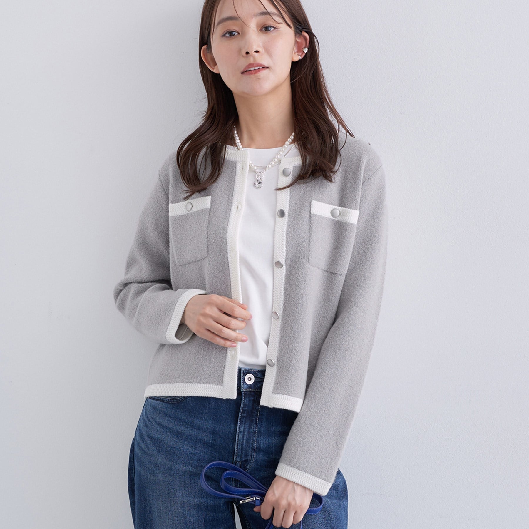 インディヴィ INDIVI 【ミニブークレ素材】ニットジャケット （ライトグレー(511)） ライトグレー(511)