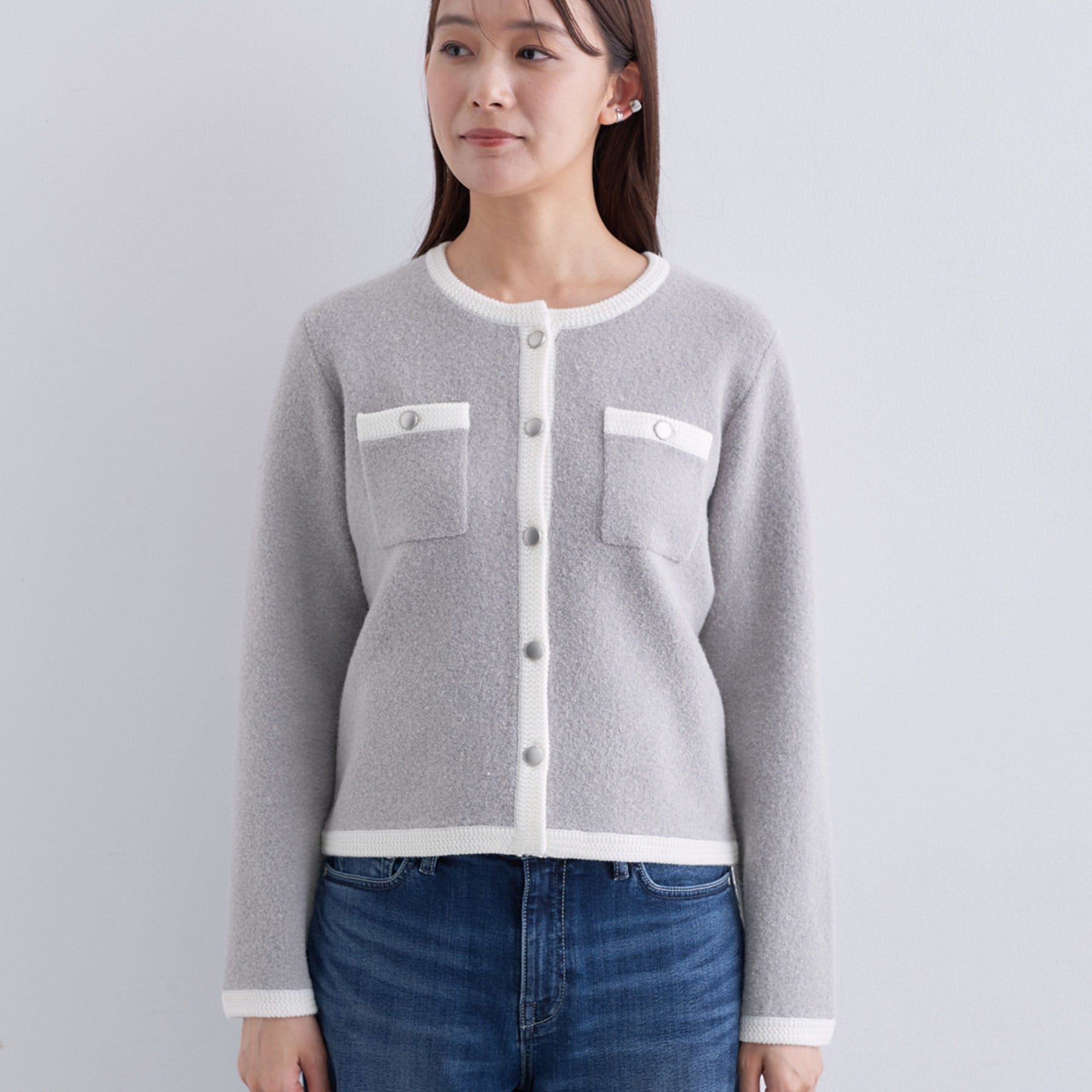 インディヴィ INDIVI 【ミニブークレ素材】ニットジャケット （ライトグレー(511)） ライトグレー(511)