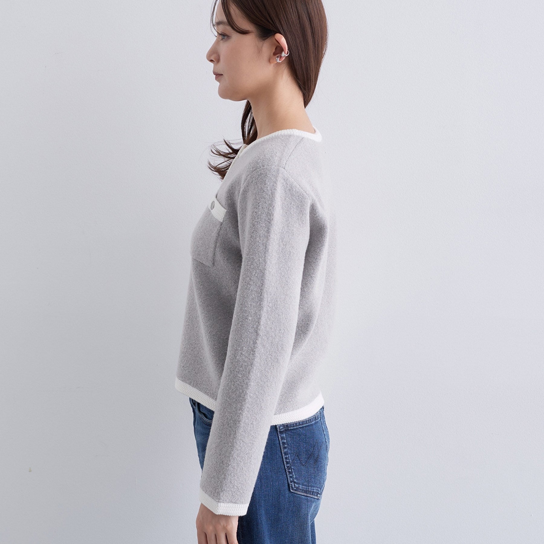 インディヴィ INDIVI 【ミニブークレ素材】ニットジャケット （ライトグレー(511)） ライトグレー(511)