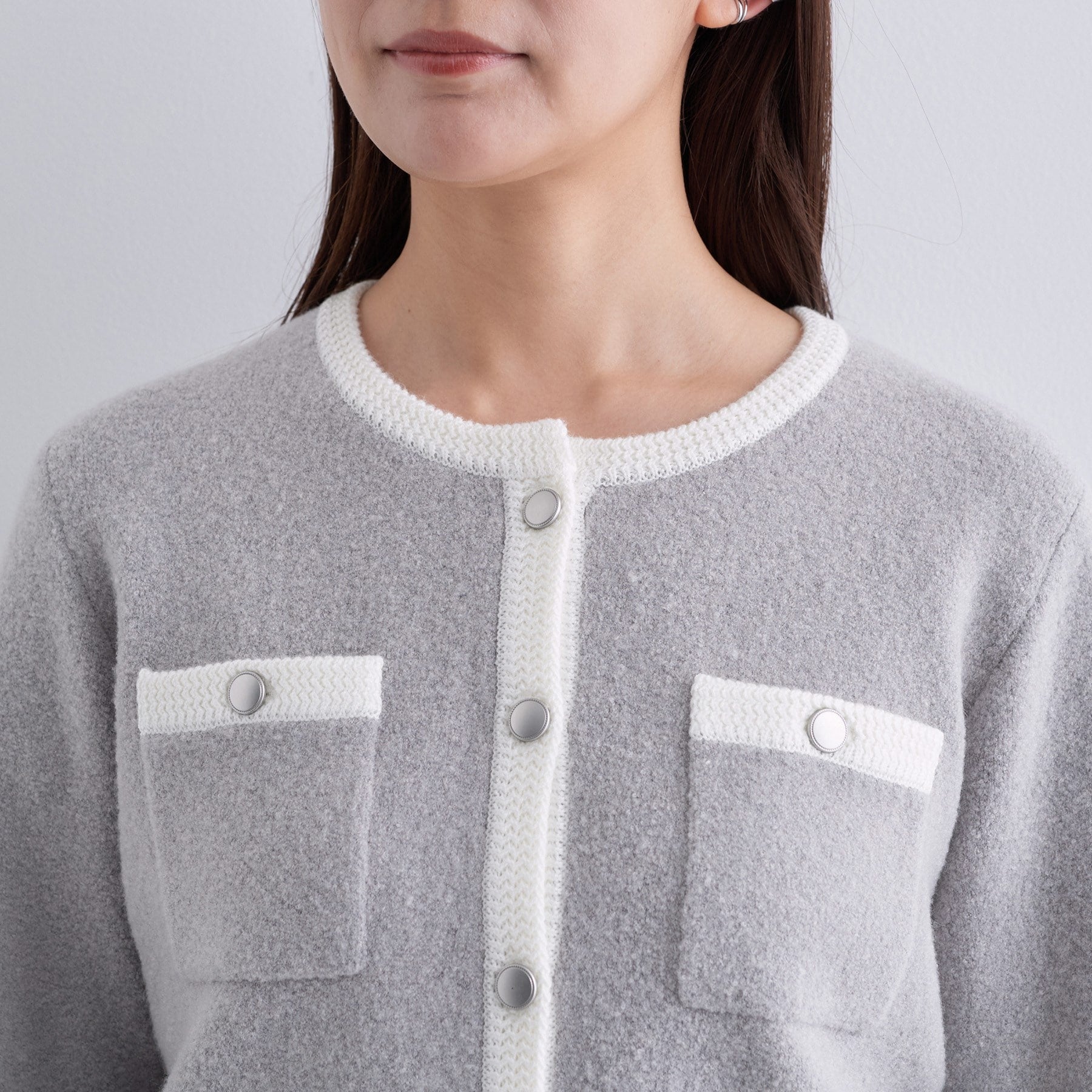 インディヴィ INDIVI 【ミニブークレ素材】ニットジャケット （ライトグレー(511)） ライトグレー(511)