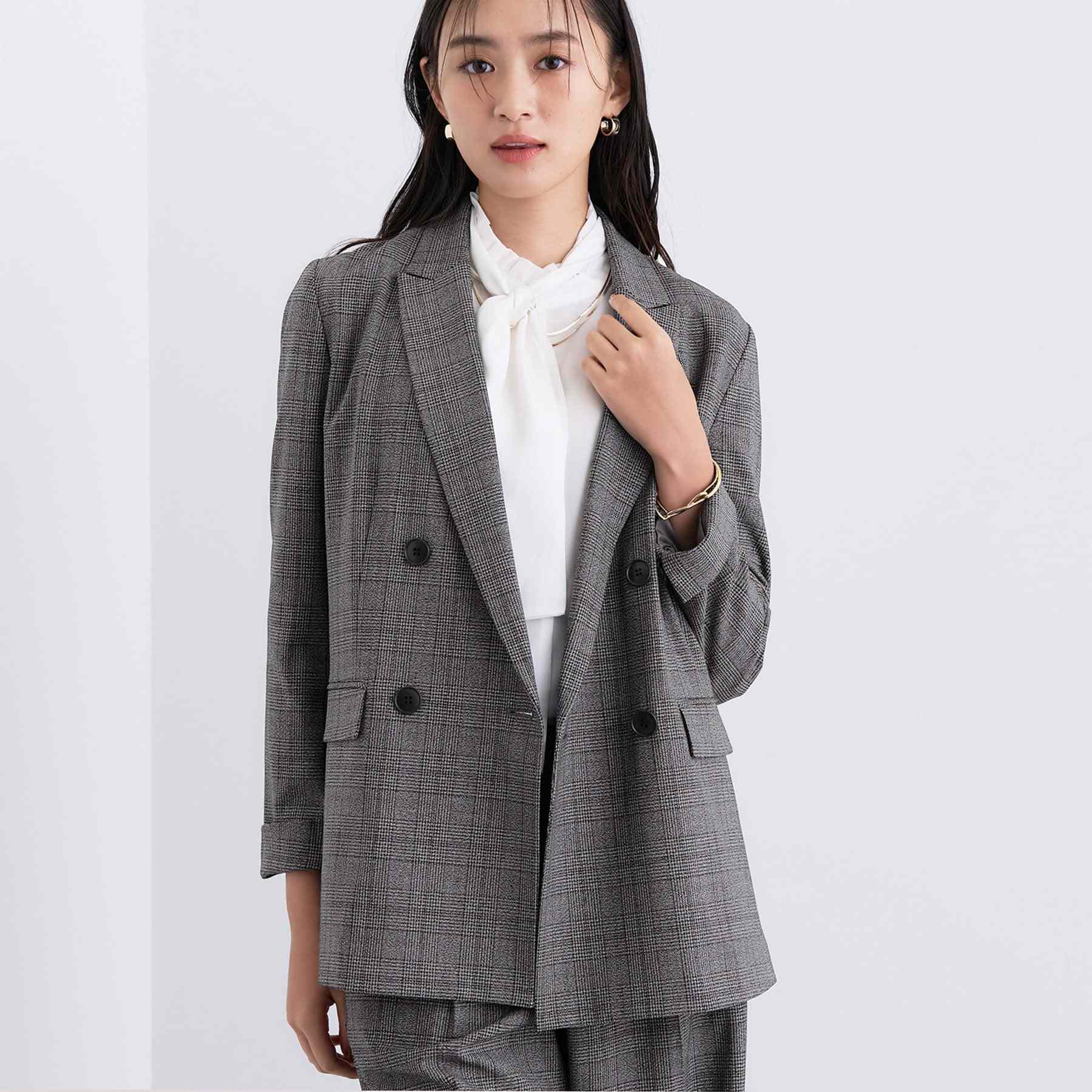 インディヴィ INDIVI 【洗える／オンオフ】チェック柄ダブルジャケット （ブラック(219)） ブラック(219)