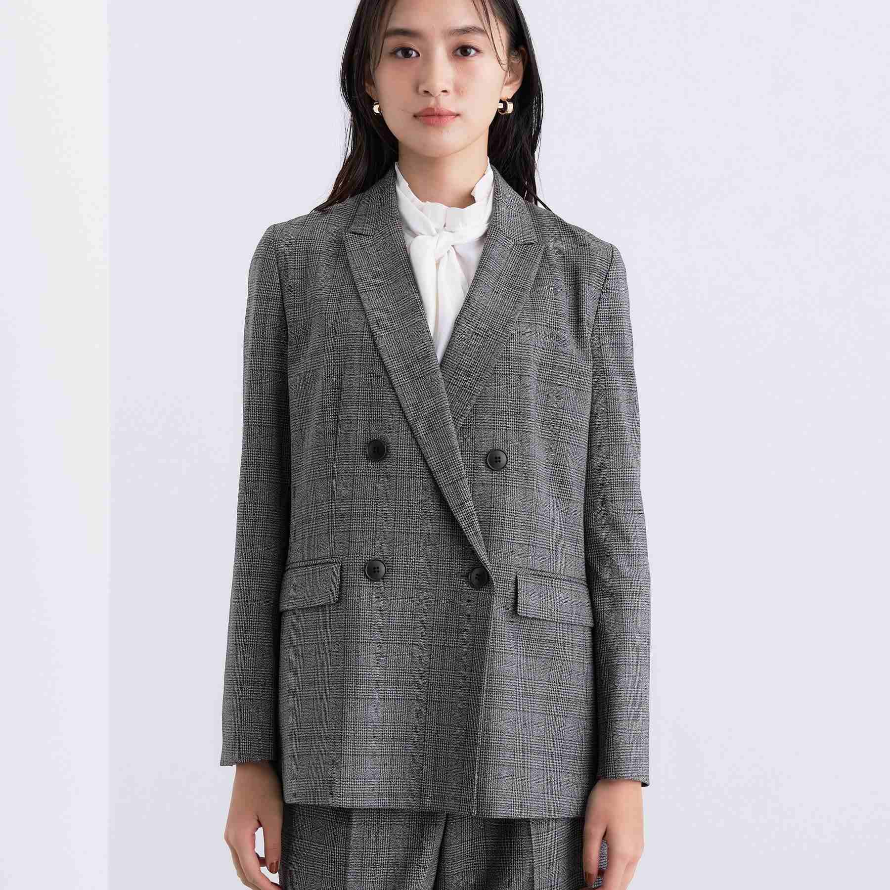 インディヴィ INDIVI 【洗える／オンオフ】チェック柄ダブルジャケット （ブラック(219)） ブラック(219)