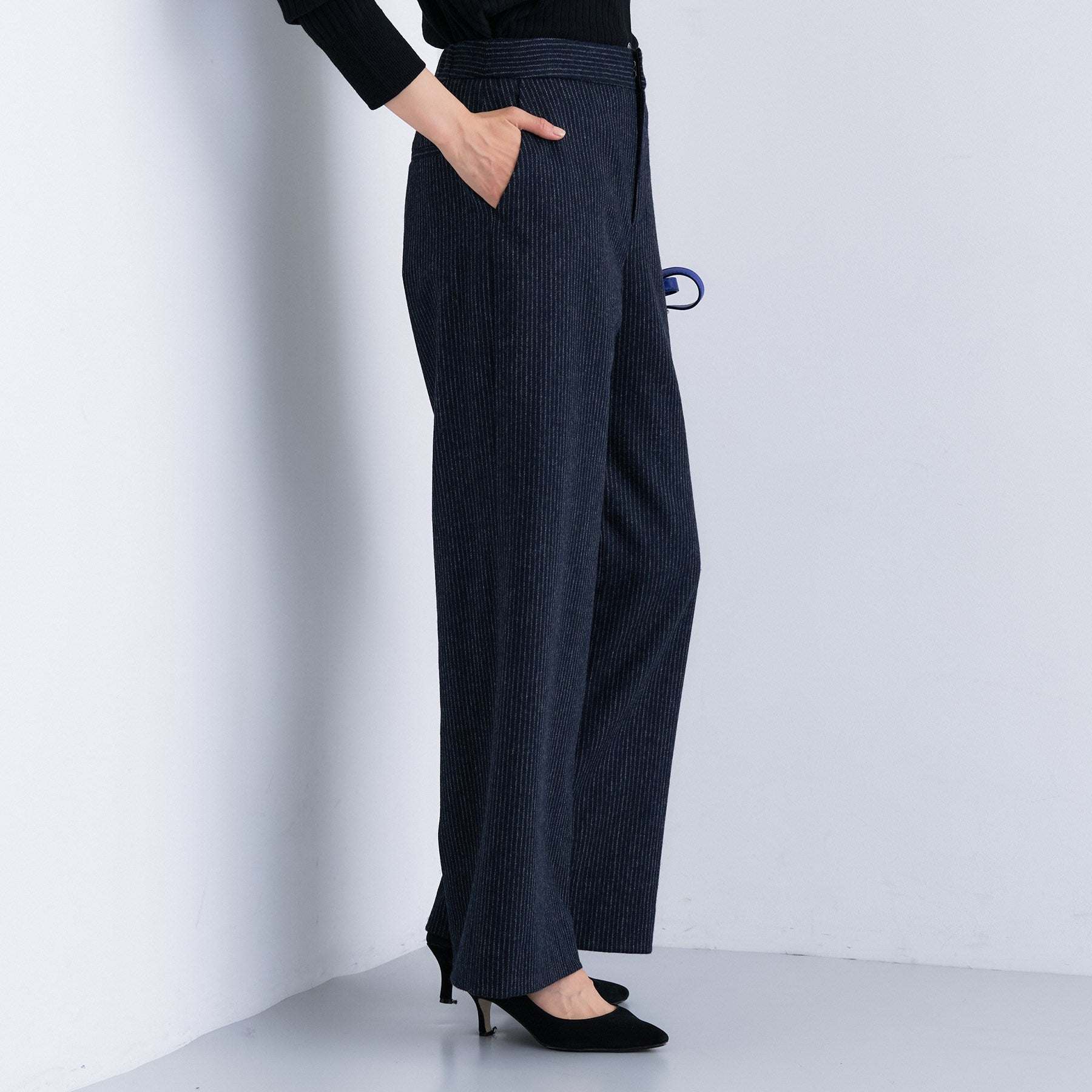 インディヴィ INDIVI 【褒められパンツ／ウール混】ウォームウール ワイドパンツ （ブルー(493)） ブルー(493)