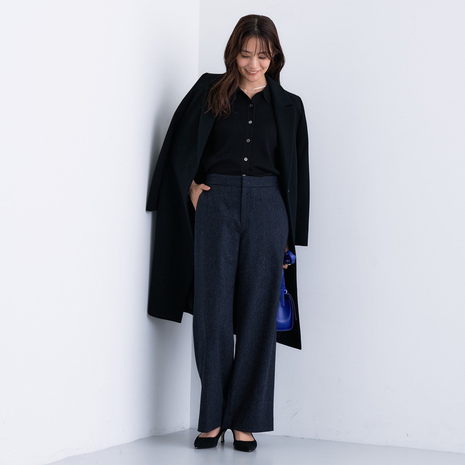 インディヴィ INDIVI 【褒められパンツ／ウール混】ウォームウール ワイドパンツ （ブルー(493)） ブルー(493)