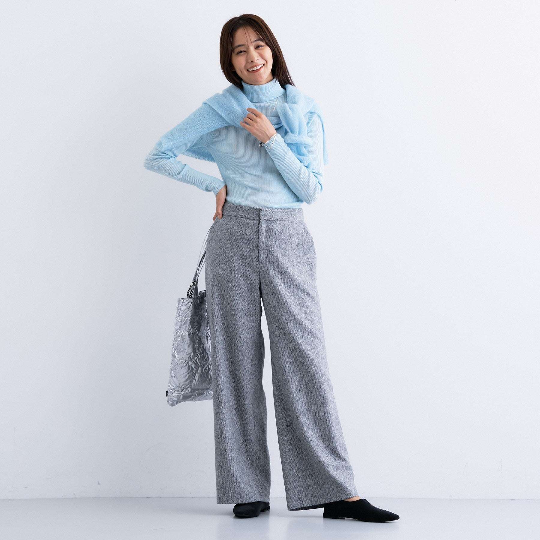 インディヴィ INDIVI 【褒められパンツ／ウール混】ウォームウール ワイドパンツ （ブルー(493)） ブルー(493)