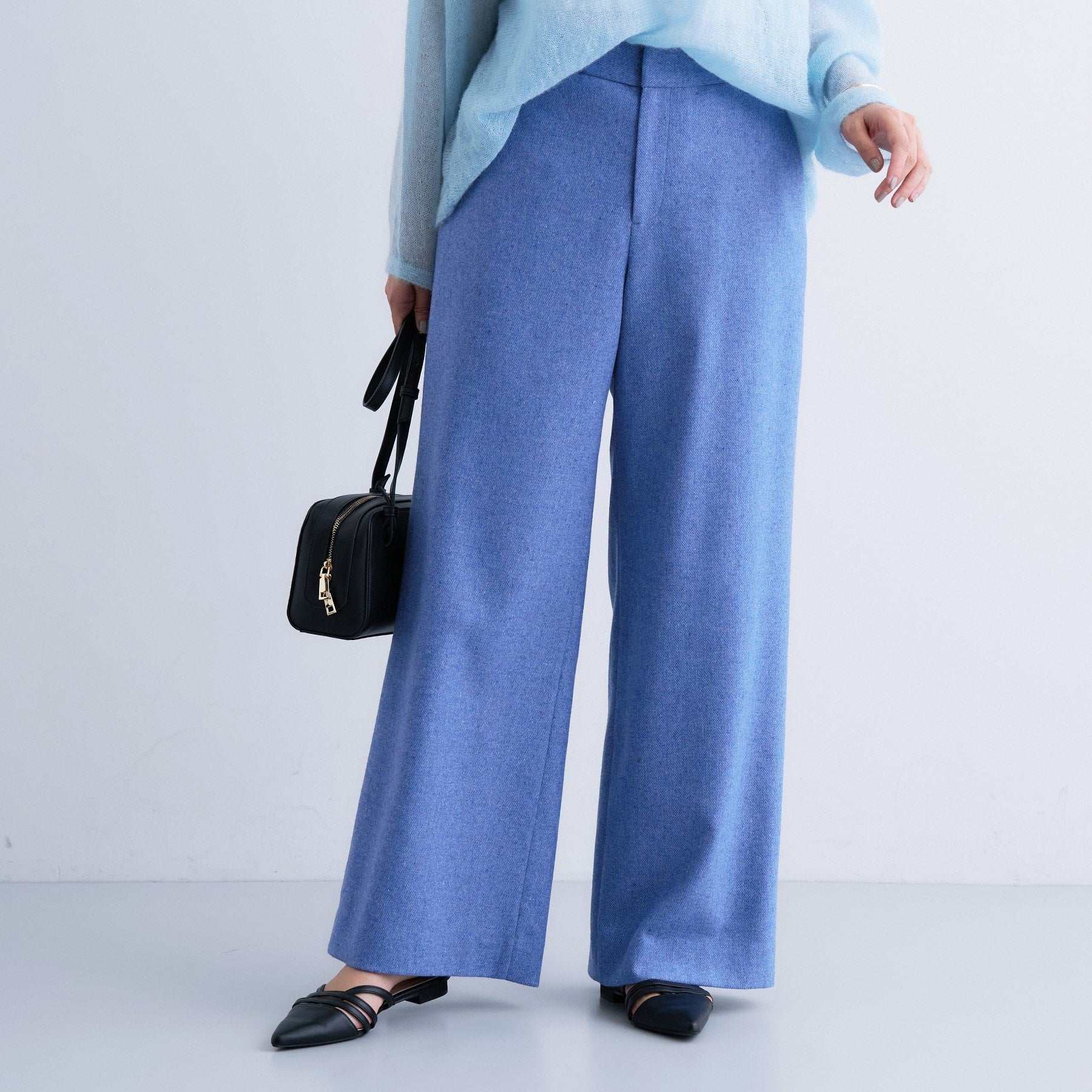 インディヴィ INDIVI 【褒められパンツ／ウール混】ウォームウール ワイドパンツ （ブルー(493)） ブルー(493)