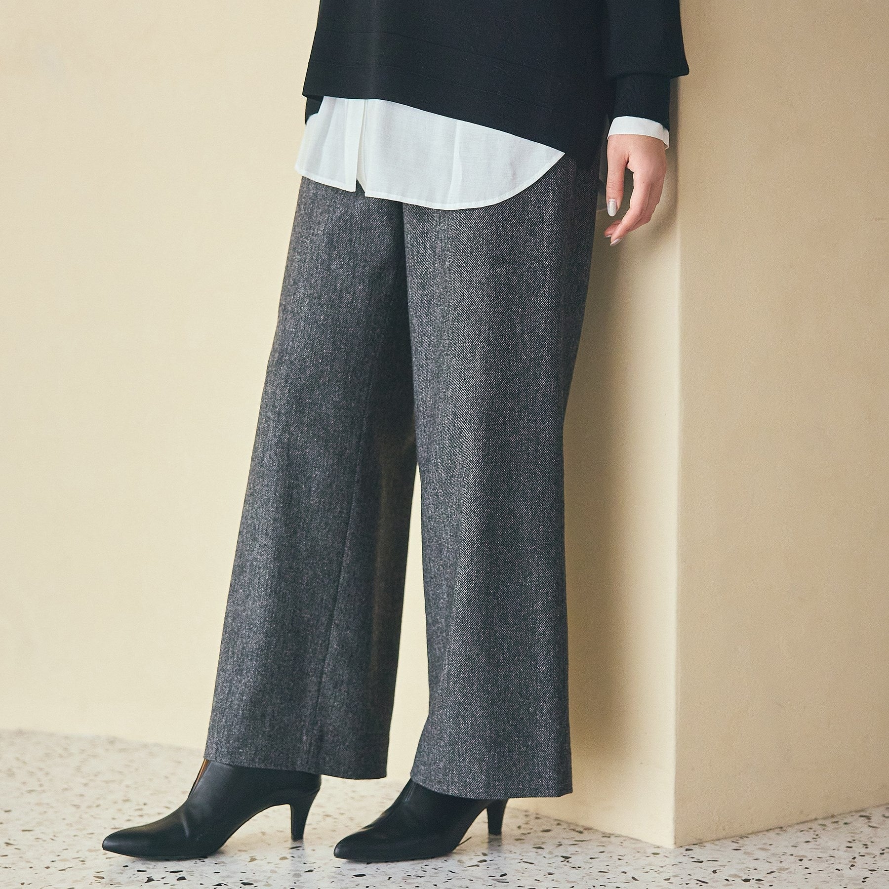 インディヴィ INDIVI 【褒められパンツ／ウール混】ウォームウール ワイドパンツ （スミクロ(418)） スミクロ(418)