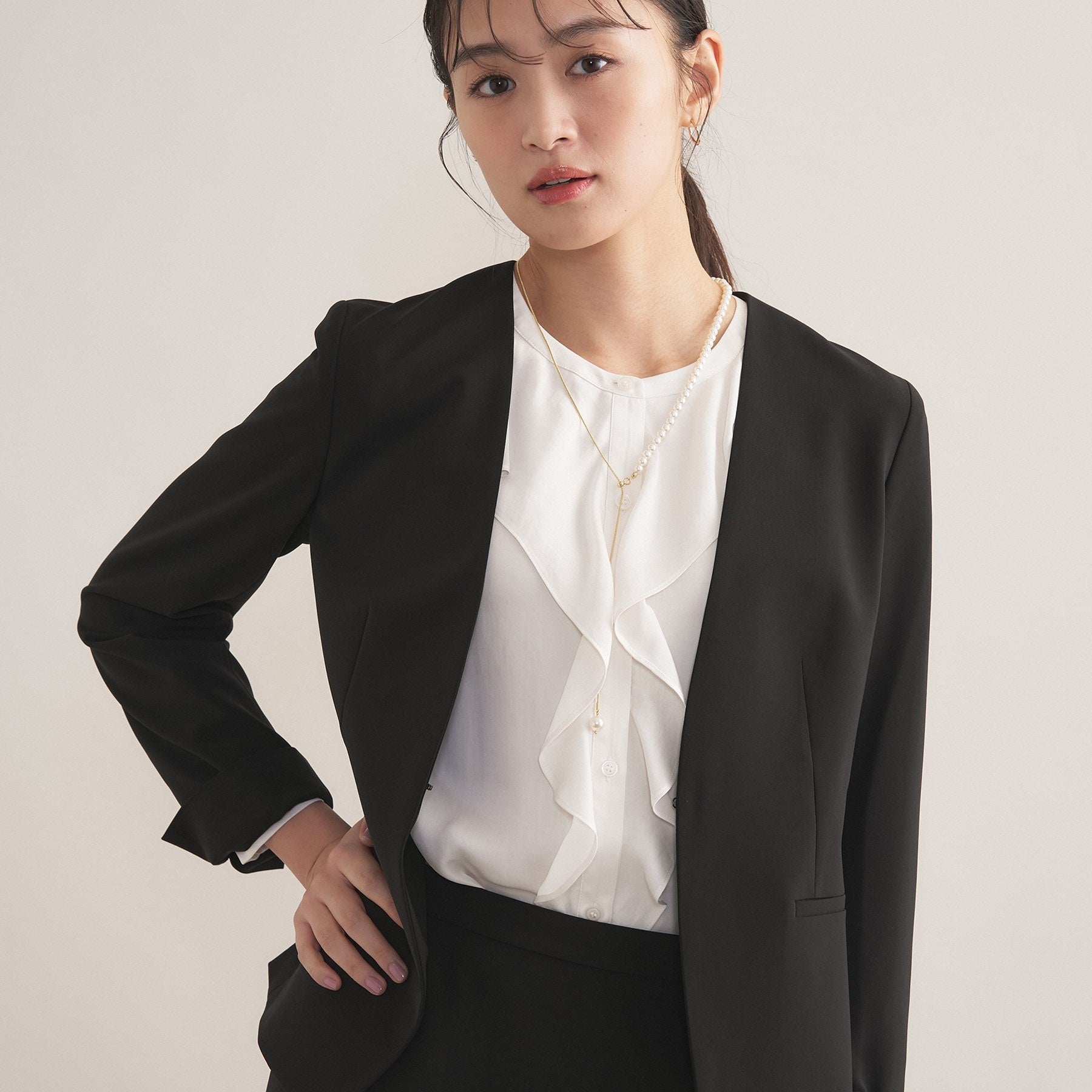 インディヴィ INDIVI 【通勤スーツ／洗える】ストレッチカラーレスジャケット （ブラック(019)） ブラック(019)