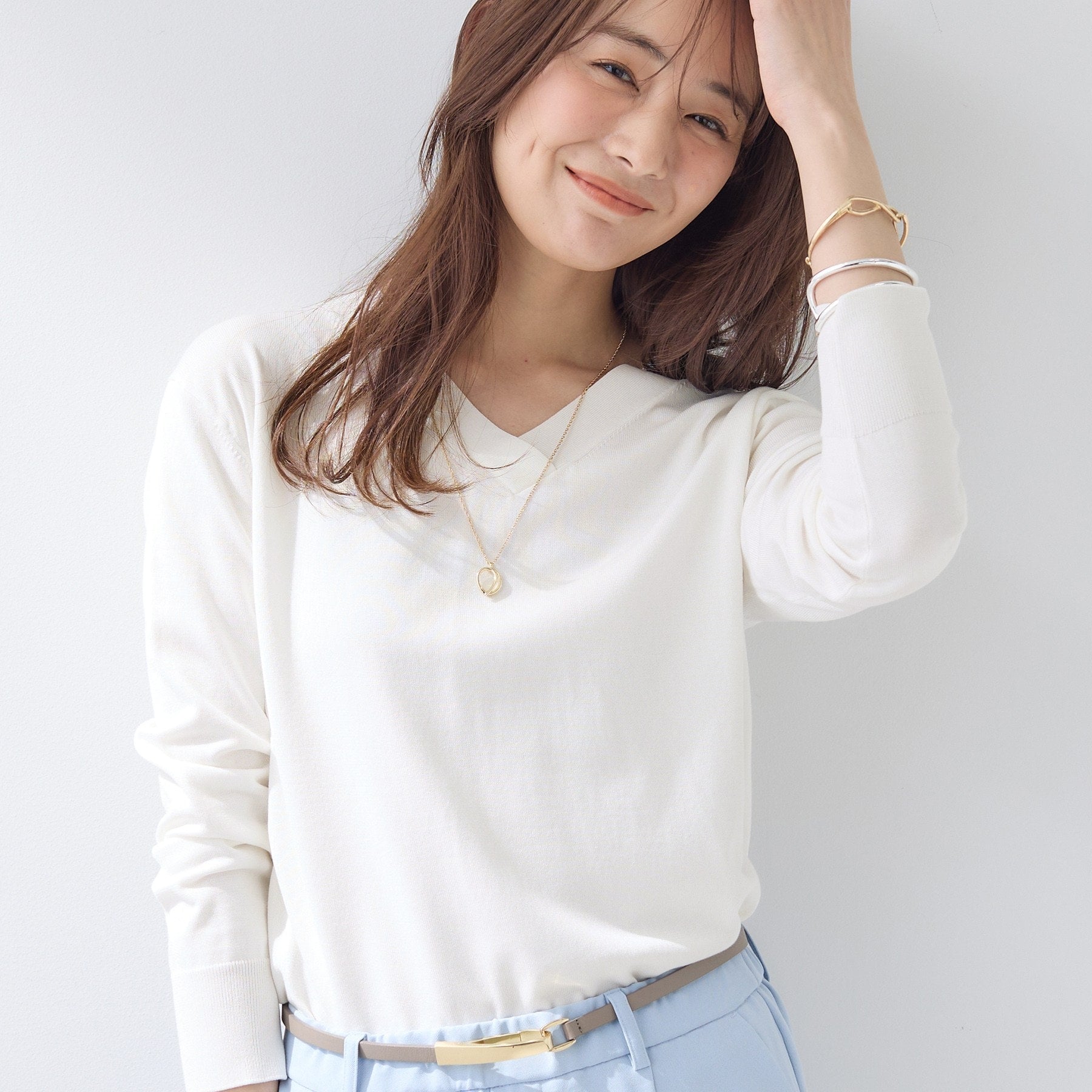 インディヴィ INDIVI 【シルク混】きれいめVネックニット （オフホワイト(003)） オフホワイト(003)