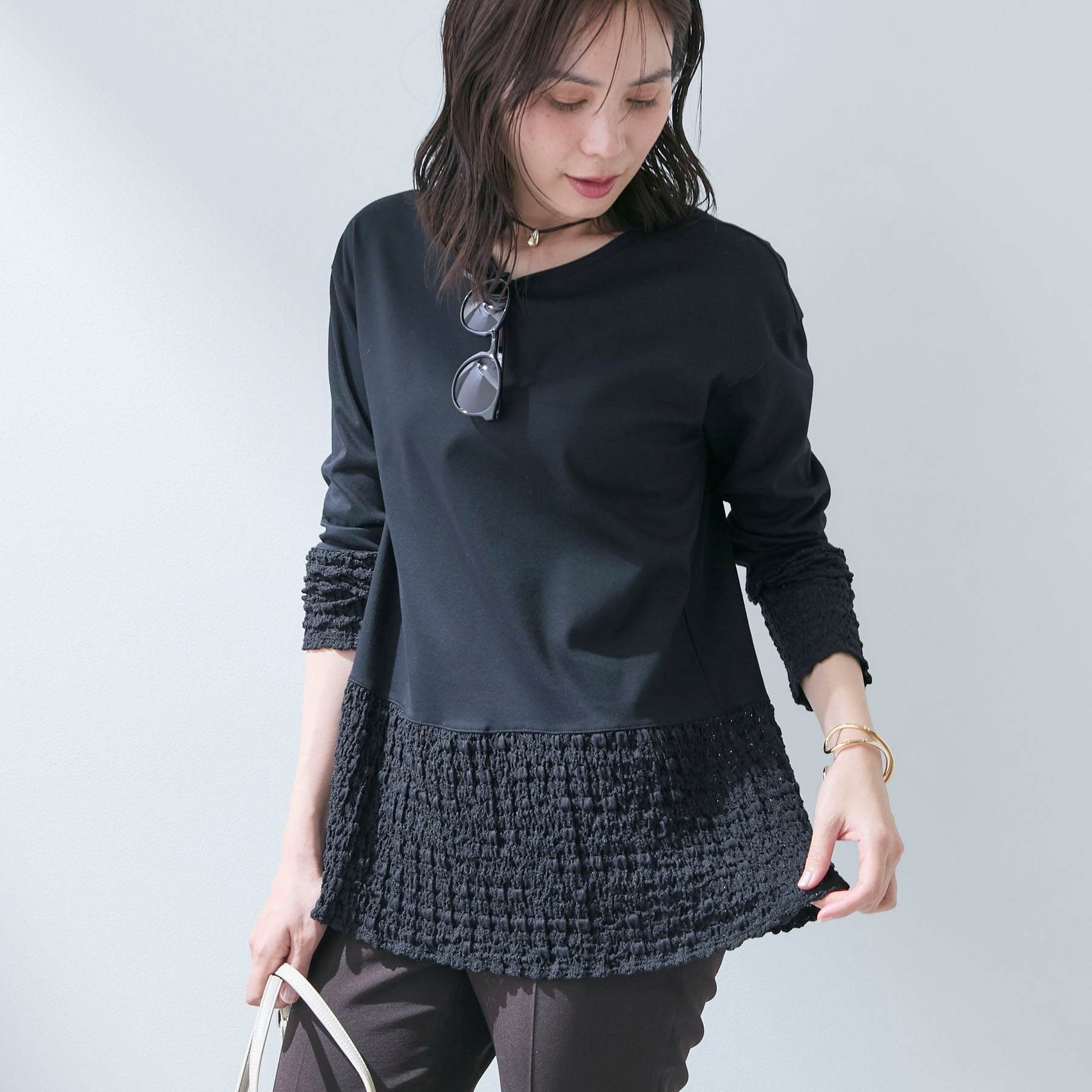 インディヴィ INDIVI 【洗える／レイヤードにおすすめ】シャーリングレース ロングTシャツ （ブラック(019)） ブラック(019)