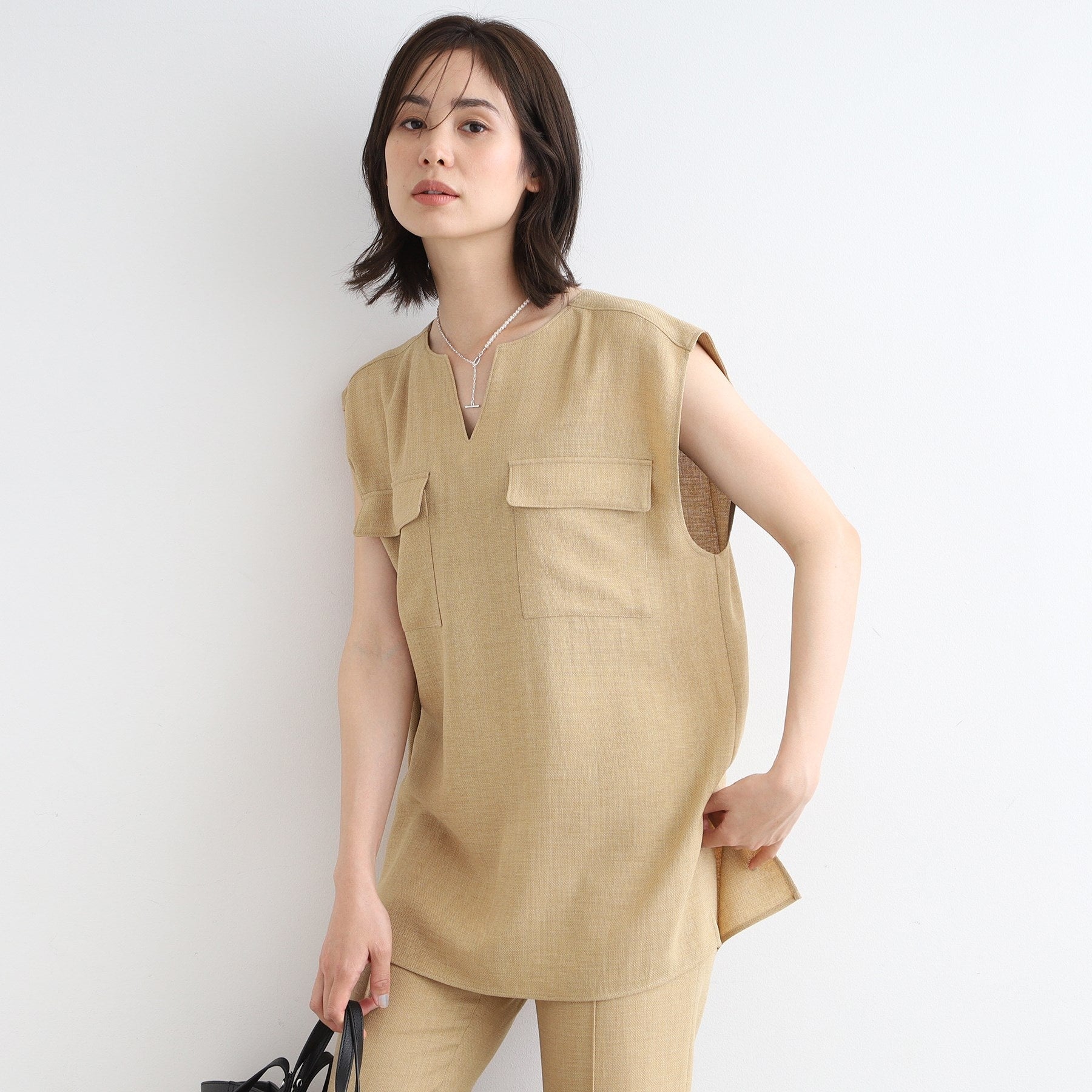 インディヴィ INDIVI 【洗える／日本製／SETUP可能】トリアセテート混ベストブラウス （オーク(034)） オーク(034)