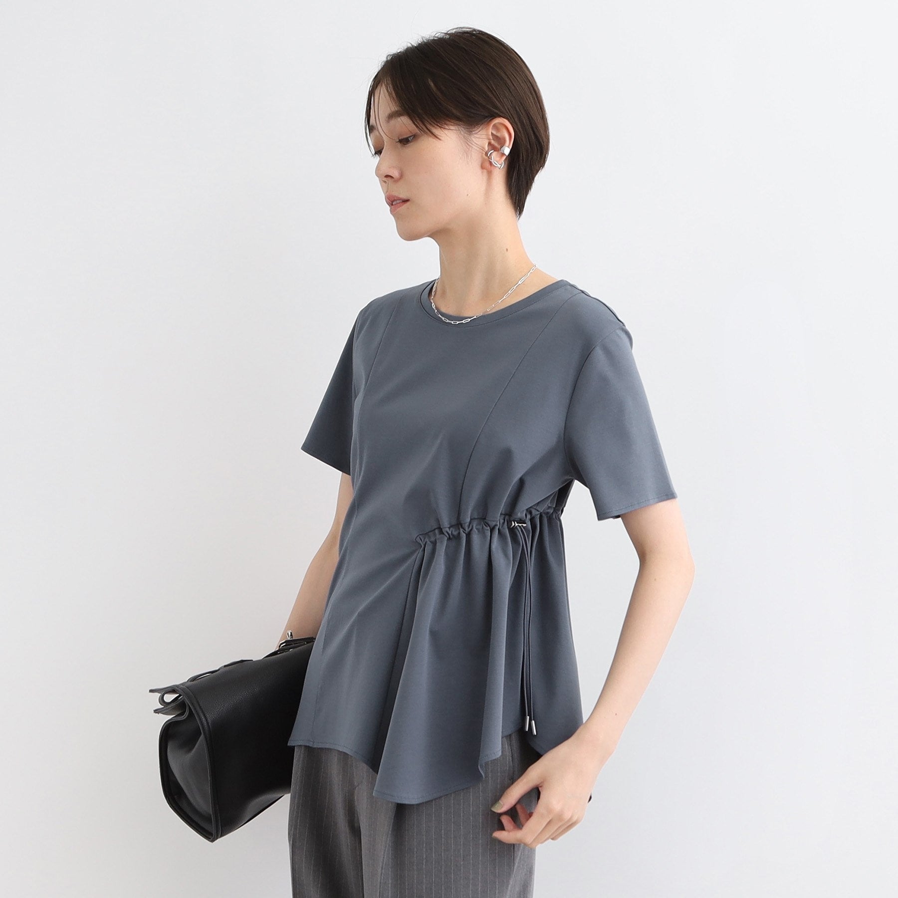 インディヴィ INDIVI 【洗える／トレンド】ドロストデザインTシャツ （ブルー(693)） ブルー(693)