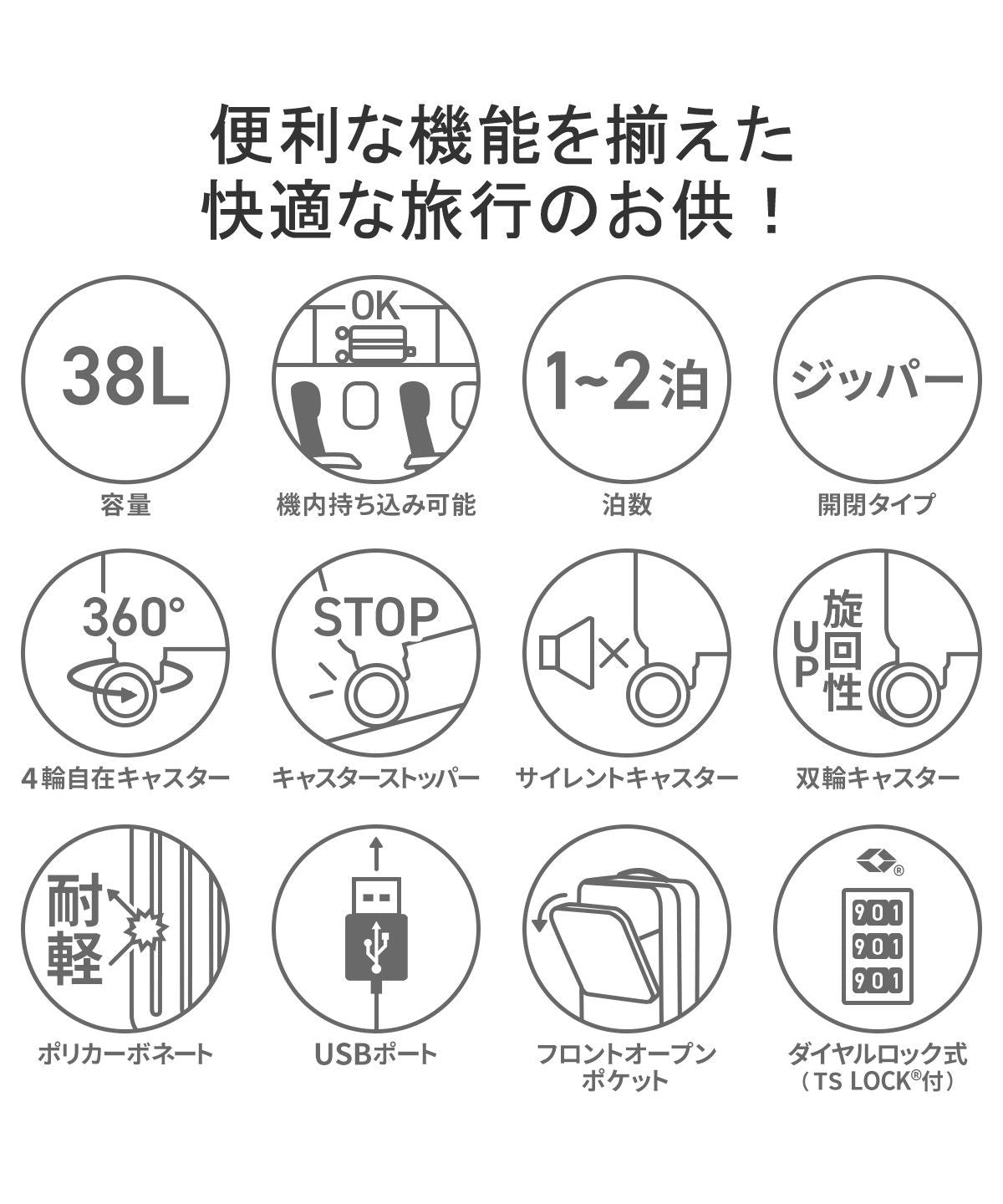【正規品2年保証】スーツケース 機内持ち込み Sサイズ キャリーケース ストッパー ファスナー 静音 1～2泊 TSロック 4輪 双輪 USBポート フロントオープン 38L Cabin INV111 ブラック