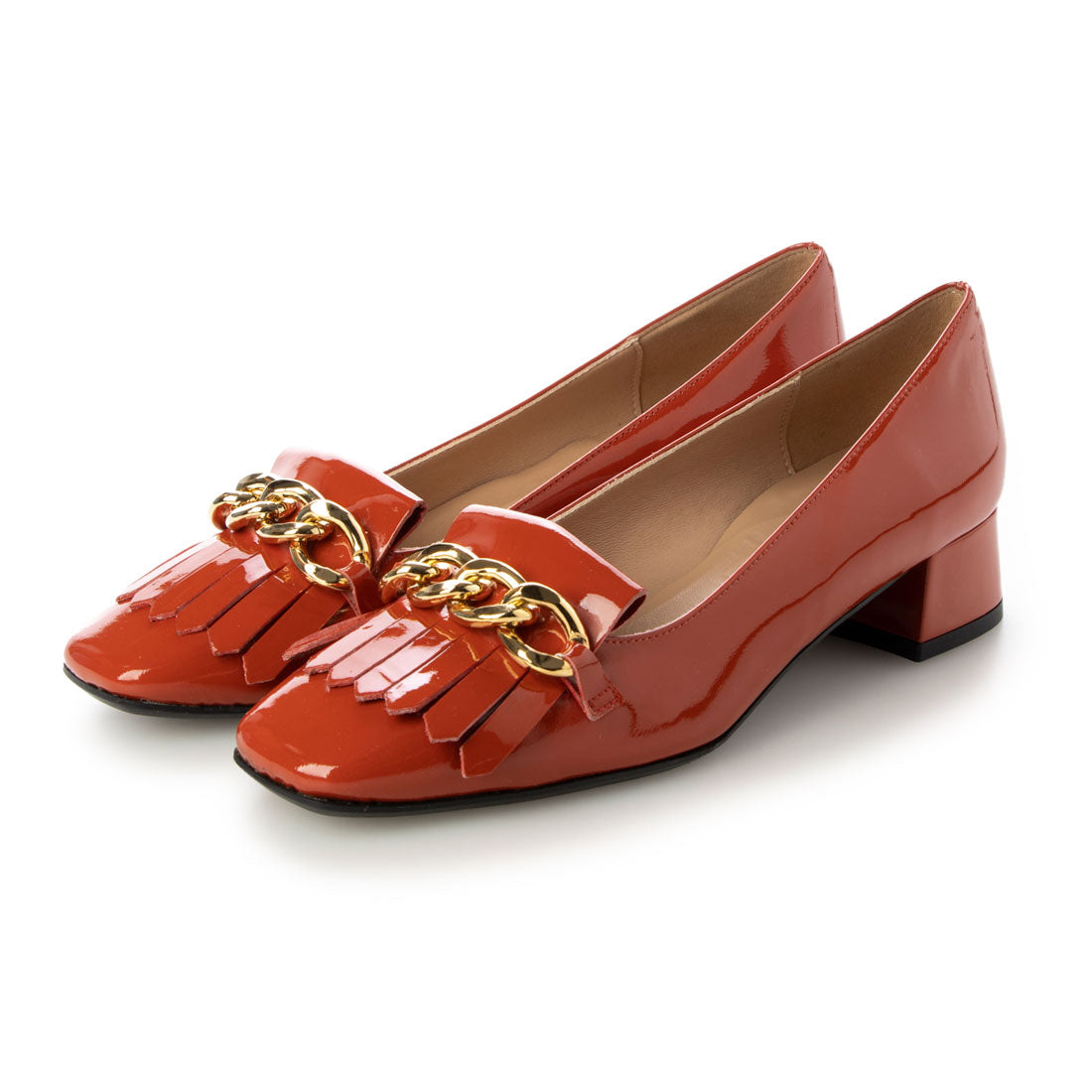 インターショシュール INTER-CHAUSSURES キルトデザインスクエアチェーンパンプス,レッドブラウンエナメル