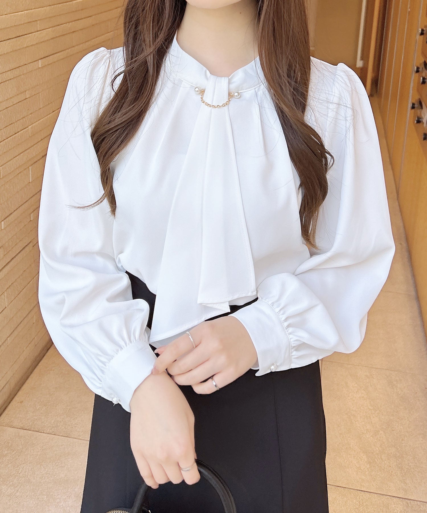 INGNI INGNI Pearl Pin Attached Soft Bow Tie Blouse