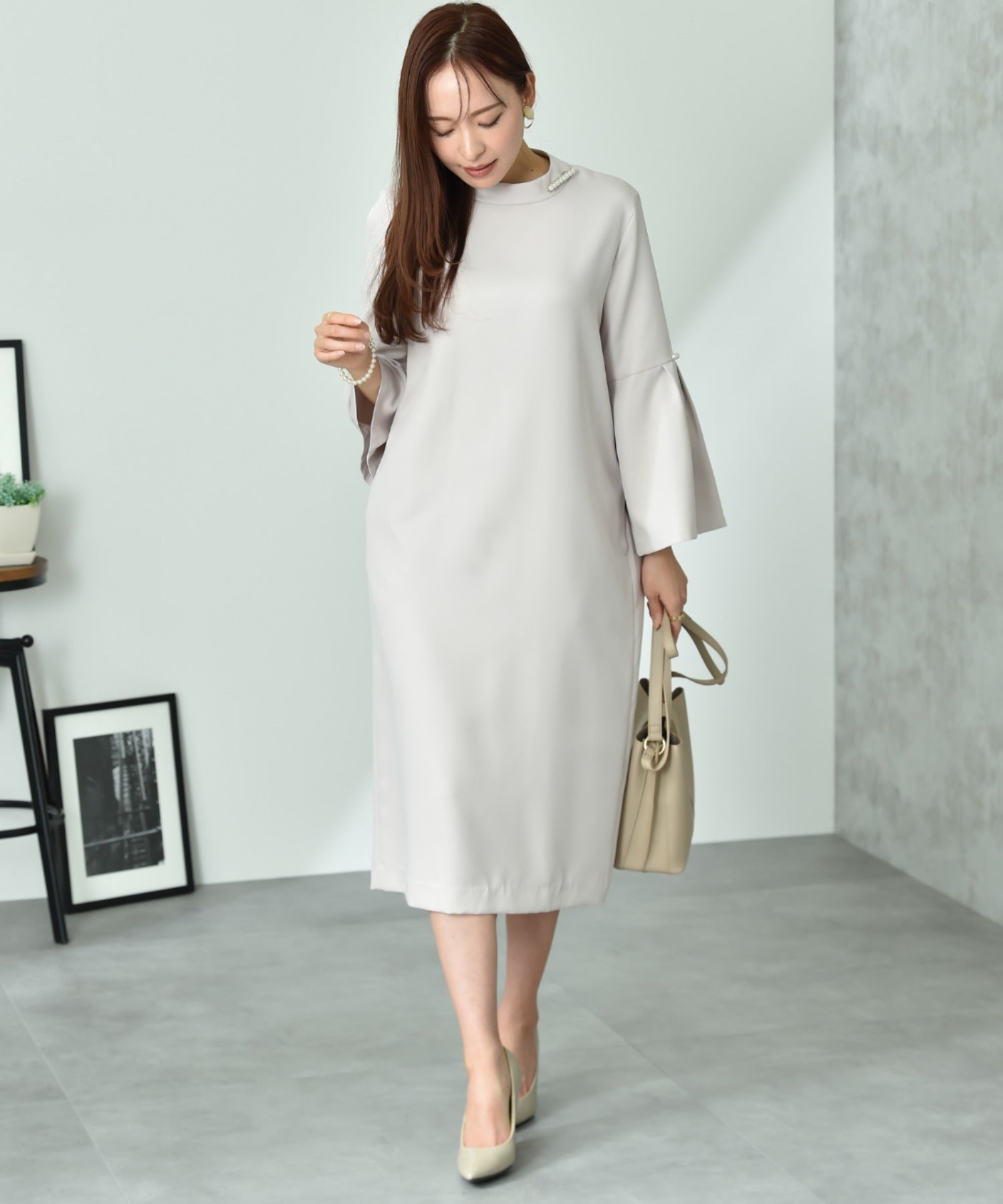 インタープラネット INTERPLANET 【マシーンウォッシャブル】ダブルクロス袖パール釦ワンピース